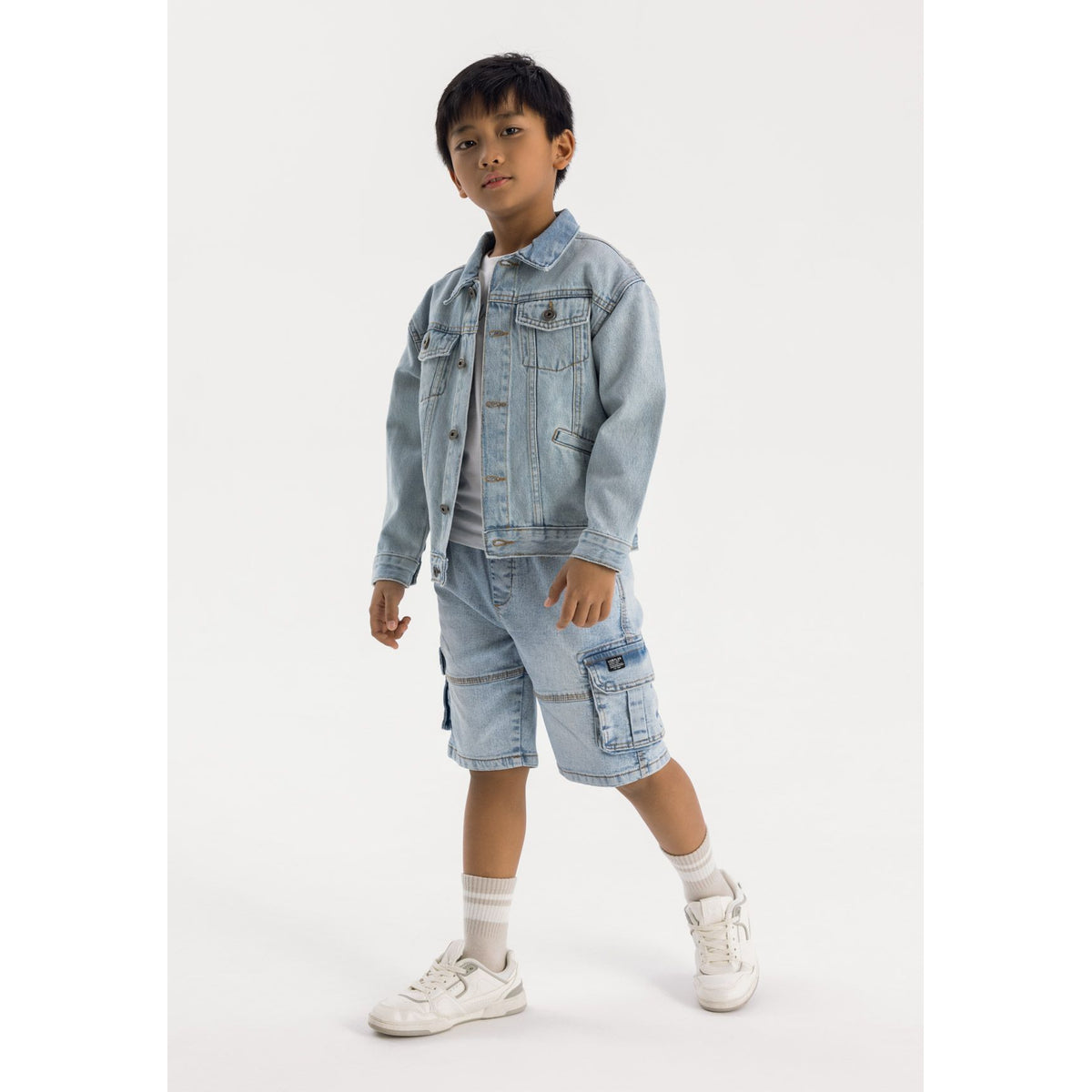 Boys' denim cargo shorts in light blue — complete product view for square Shop card