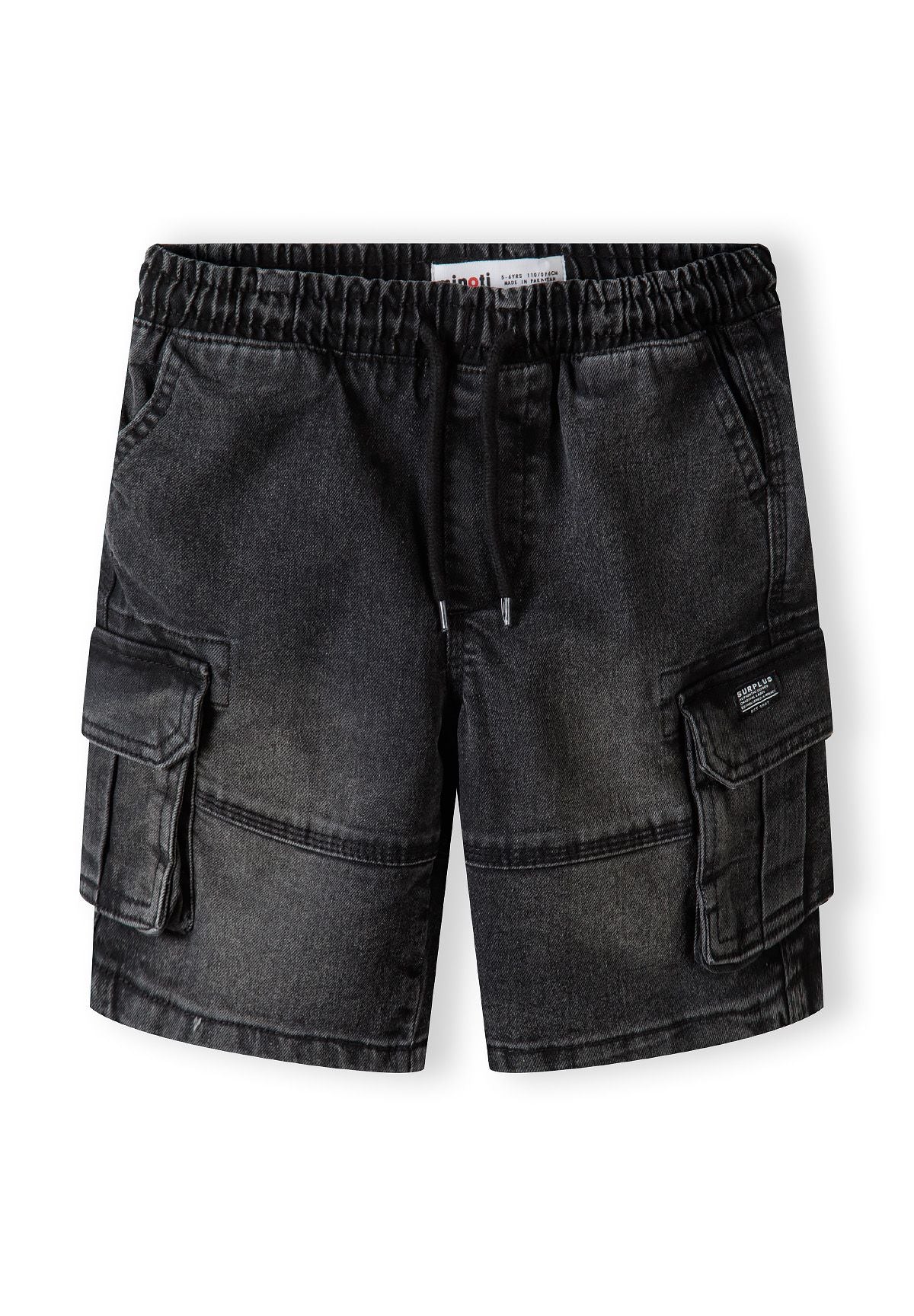 Washed black denim cargo shorts, front.