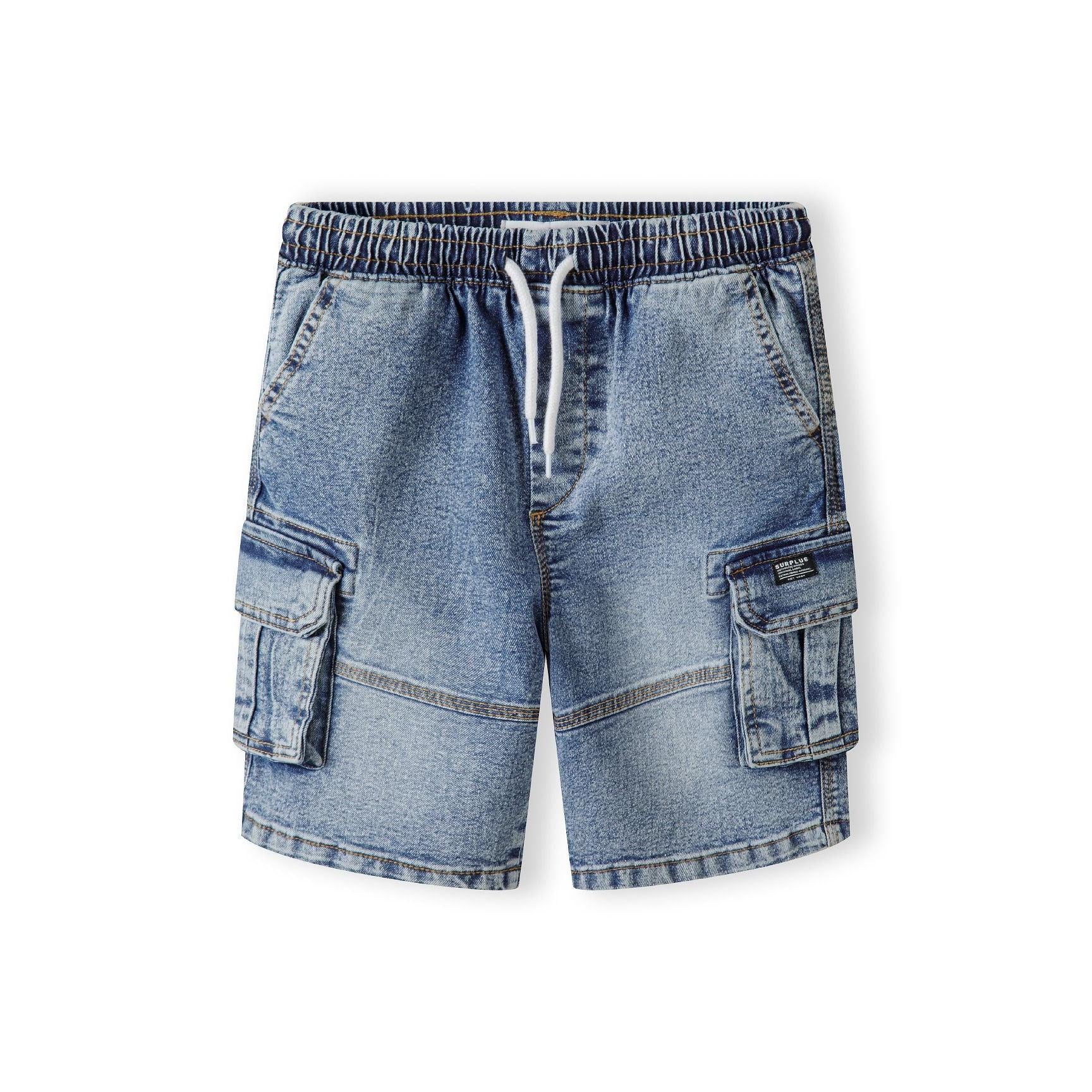 Back view of blue denim cargo shorts showing multiple pockets and elasticated waistband