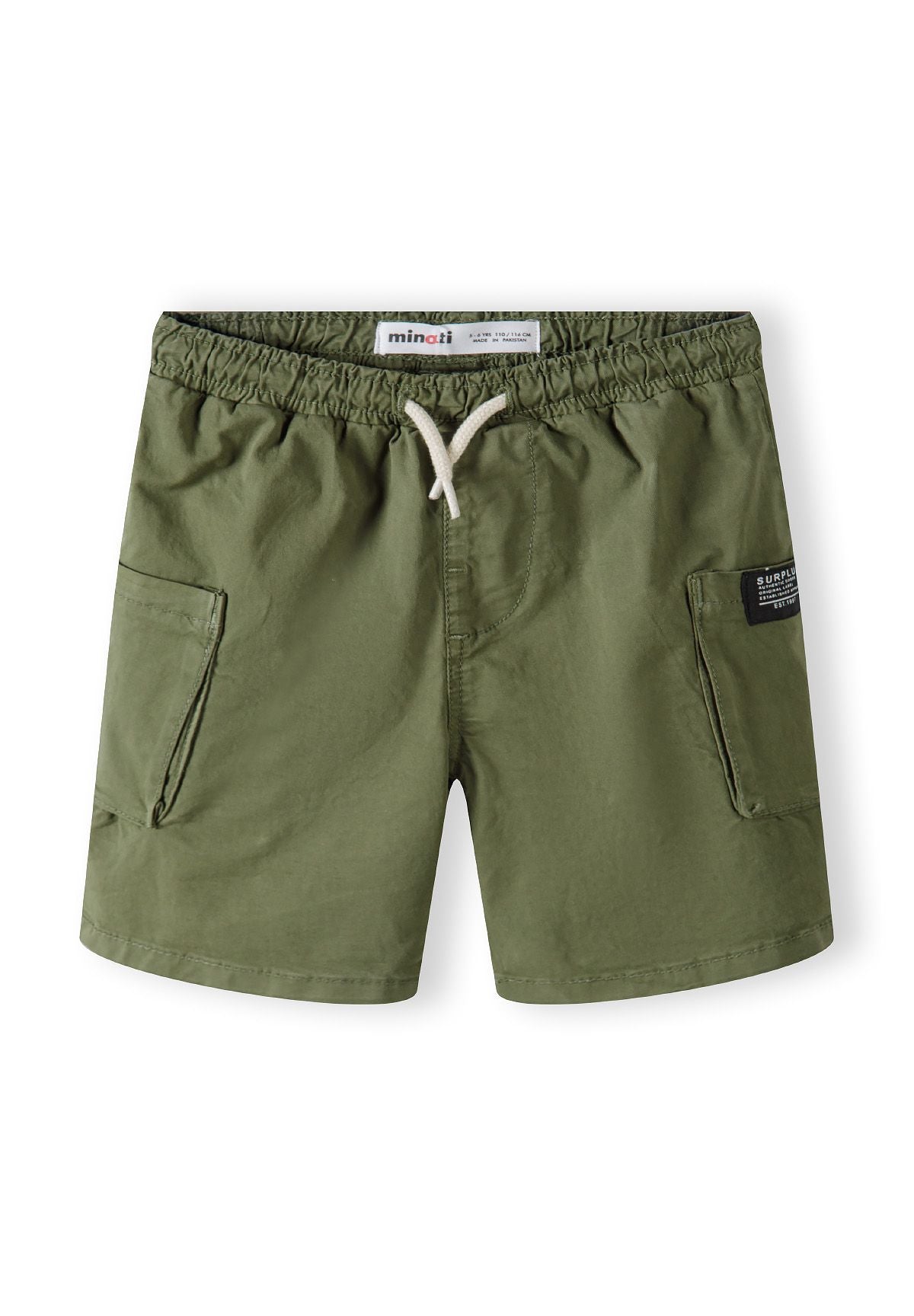 Boys khaki woven cargo shorts with elasticated waistband and side pockets, front view.