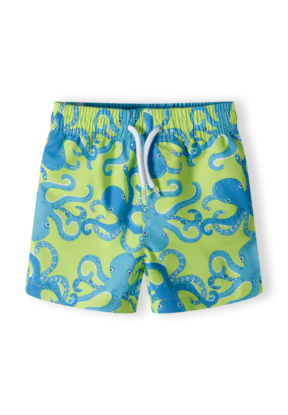 Boys board shorts in bright yellow with octopus print, front view, featuring adjustable drawstring.