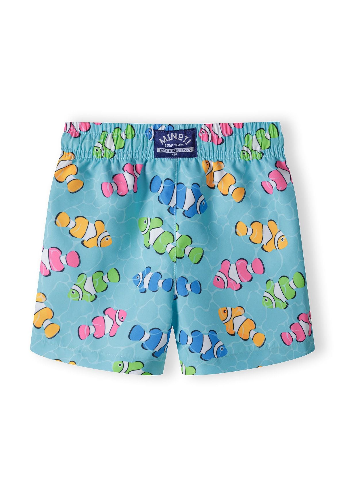 Turquoise and multicolour swim shorts, back.