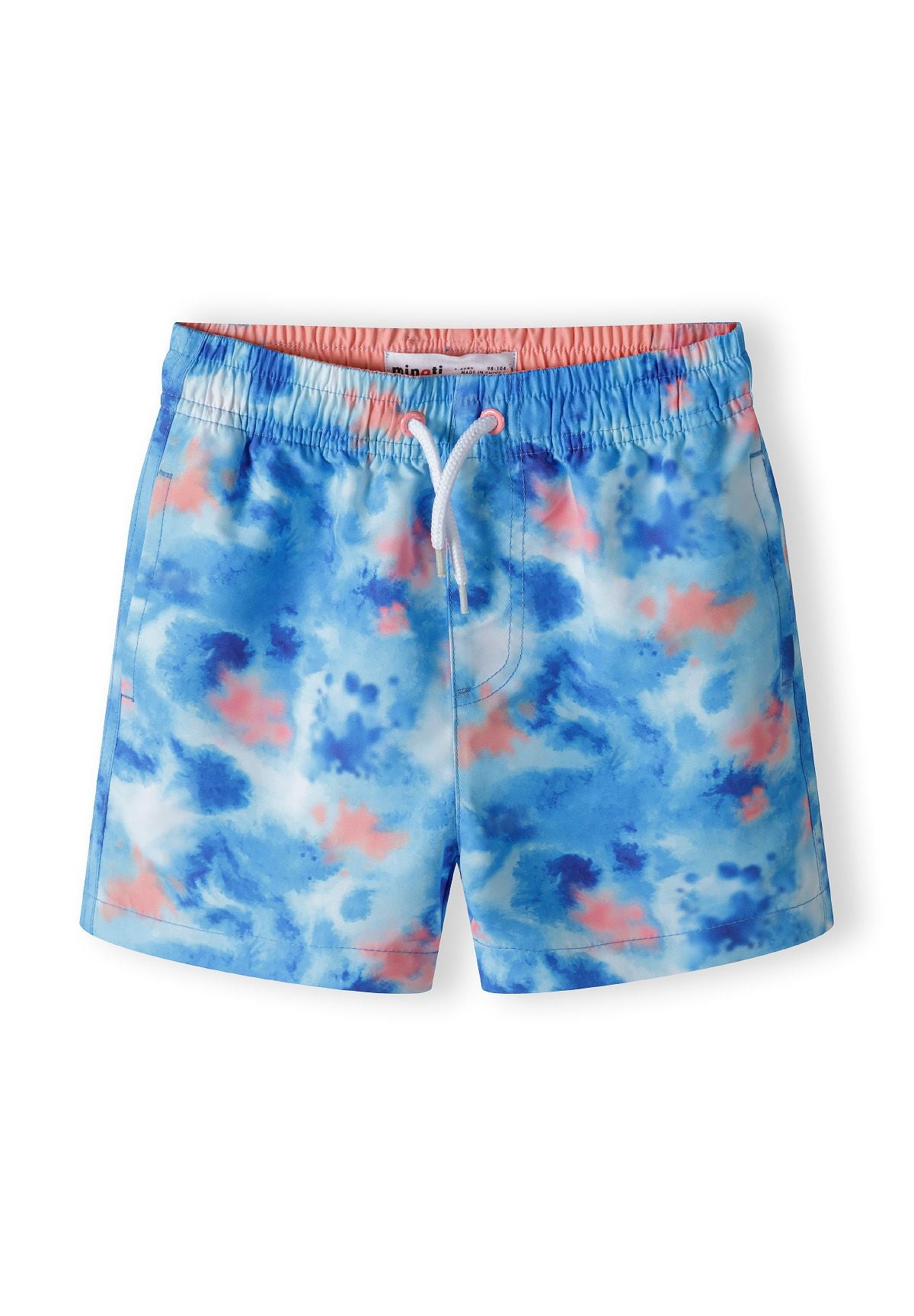 Boys swim shorts in vibrant blue with all-over print, front view, featuring an adjustable drawstring waistband.