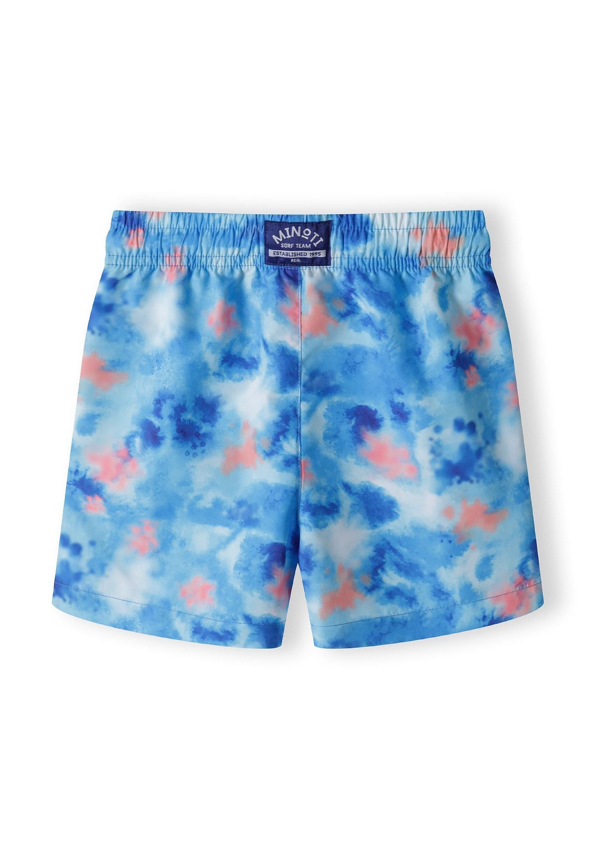 Boys swim shorts in blue with an all-over print, back view, featuring an elastic waistband.