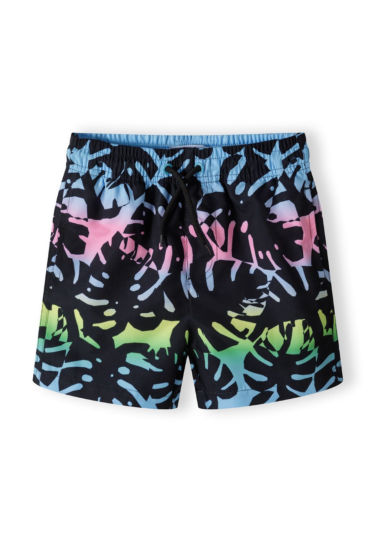 Black with multicolour print swim shorts, front.