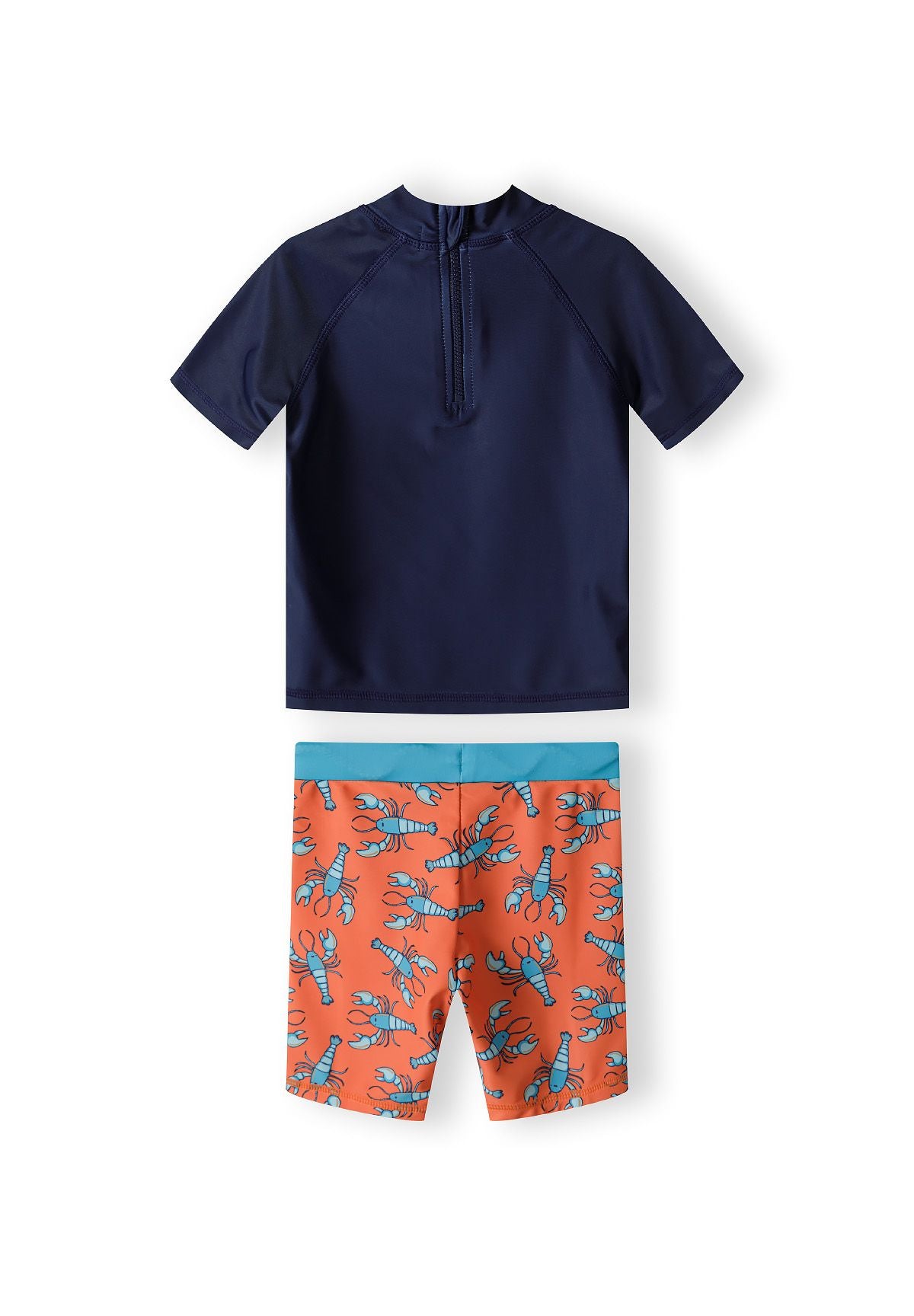 Boys two-piece swimwear set with short sleeve rash top and swim shorts featuring lobster print.