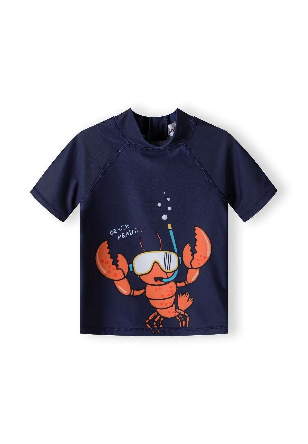 Boys short sleeve rash top in navy with lobster graphic and stand-up collar.