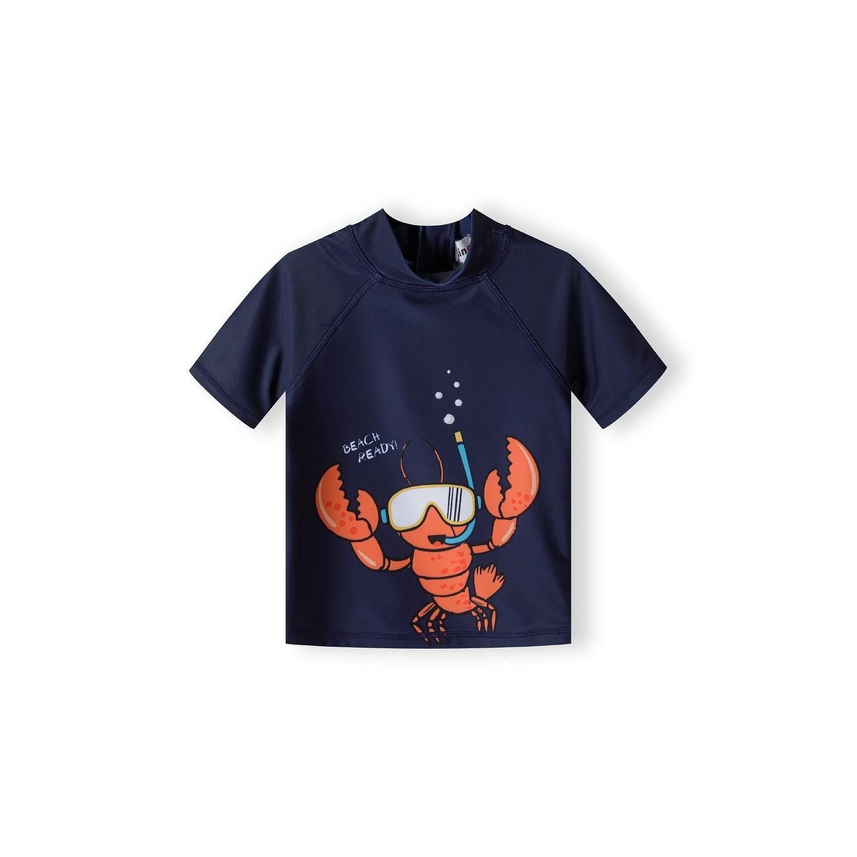 Close-up of coral orange swim shorts with blue waistband showing detailed lobster print pattern on white background