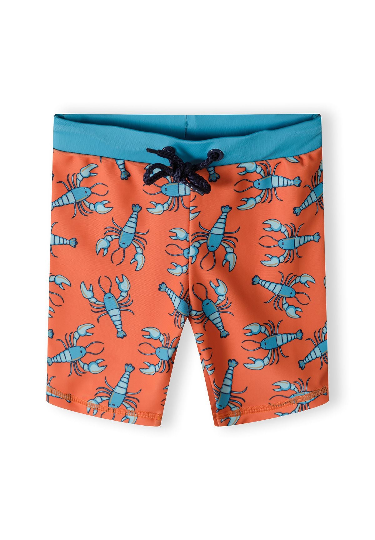 Boys swim shorts in bright orange with lobster print, front view, featuring a drawstring waistband.