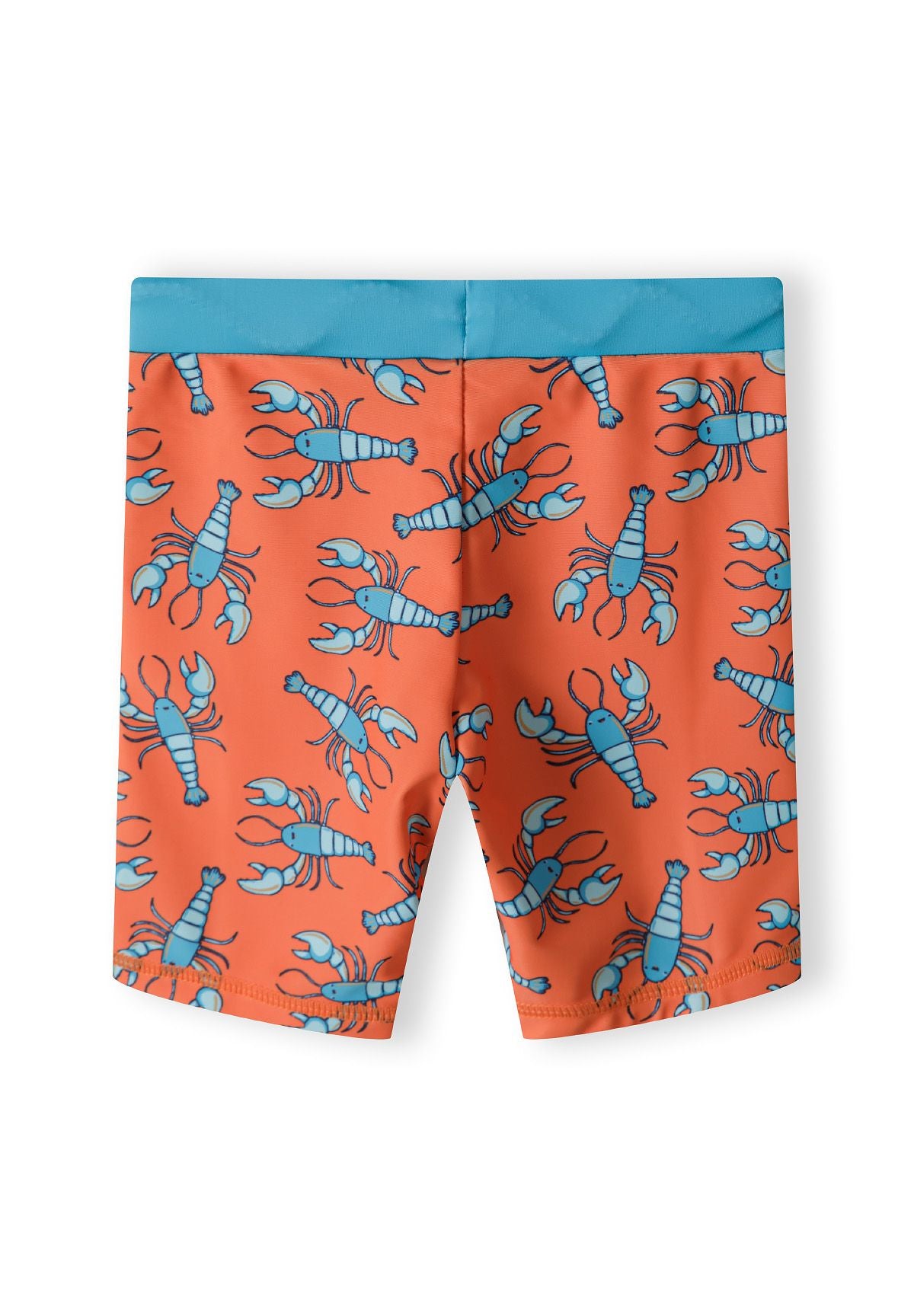 Boys swim shorts in bright orange with blue lobster print, back view.