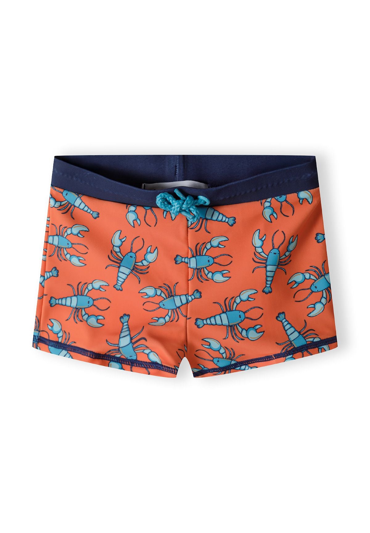 Orange, turquoise and navy swimming trunks, front.