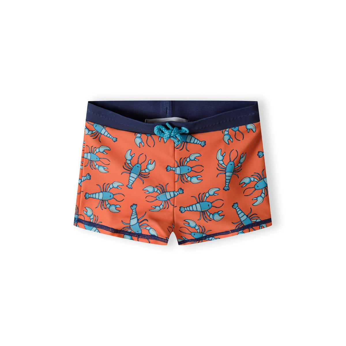 Boys' swimming trunks in orange, turquoise and navy — complete product view for square Shop card