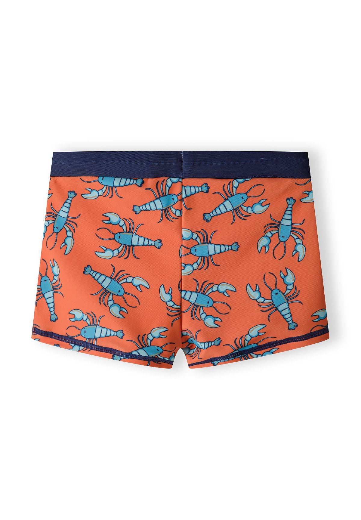 Boys rash shorts in bright orange with lobster print, back view, elastic waistband.