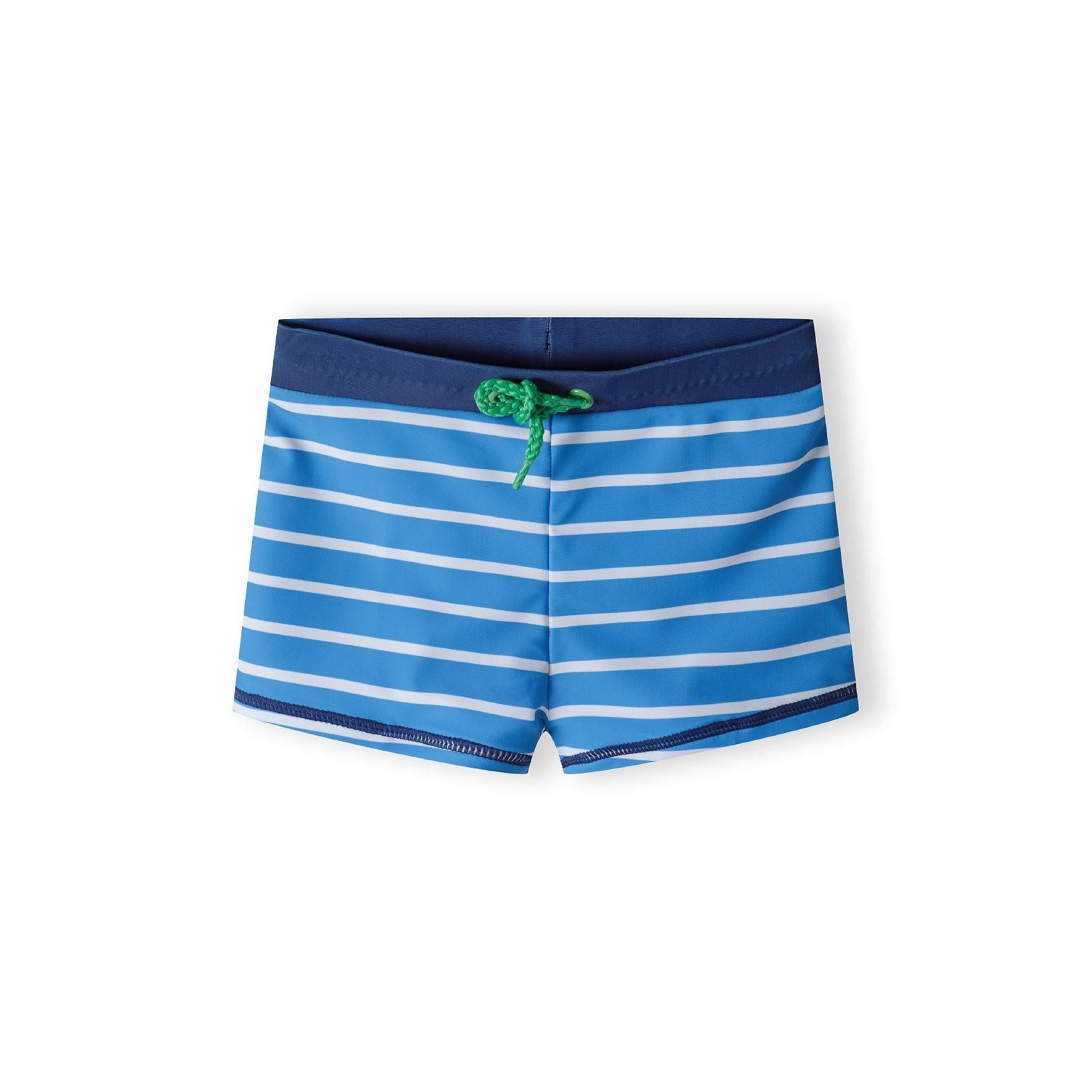 Single striped rash shorts in blue and white horizontal stripes with navy waistband on white background