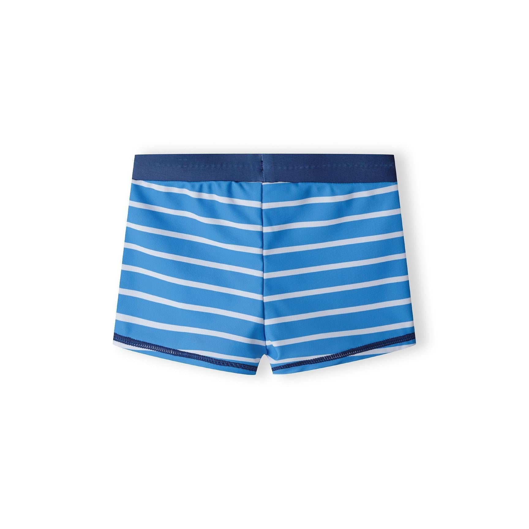 Single striped rash shorts in blue and white horizontal stripes with navy waistband on white background