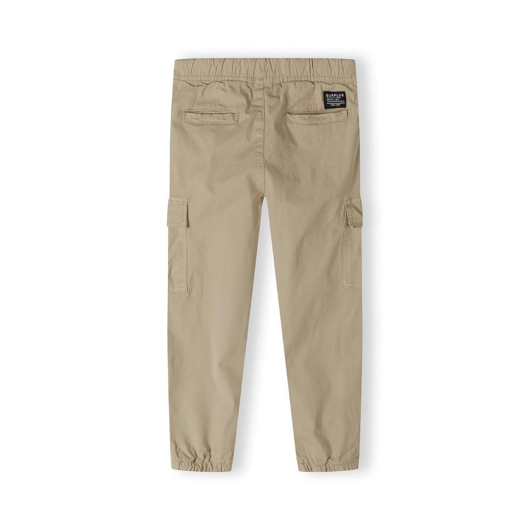 Back view of khaki cargo trousers showing elasticated waistband, back pockets and tapered leg design on white background