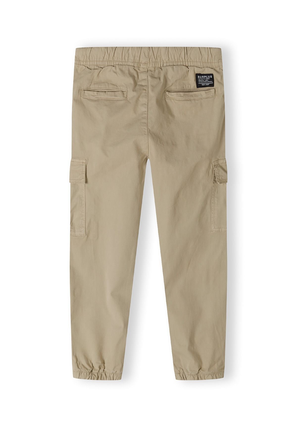 Boys cargo trousers in beige with elastic waistband, back pockets and side cargo pockets.