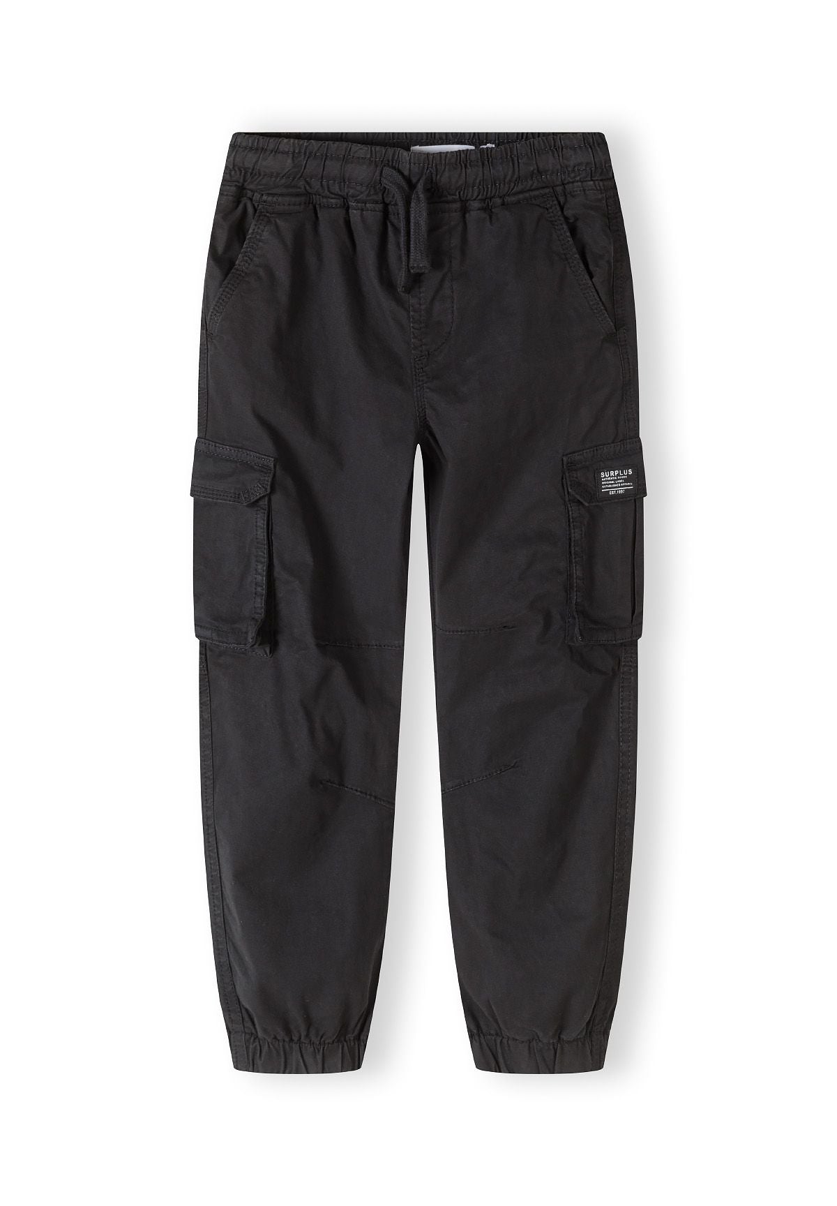 Boys black cargo trousers, front view, featuring drawcord and side pockets.