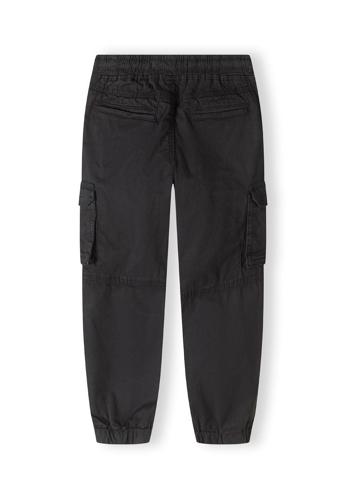 Boys black cargo trousers, back view, featuring elasticated waistband and cargo pockets.