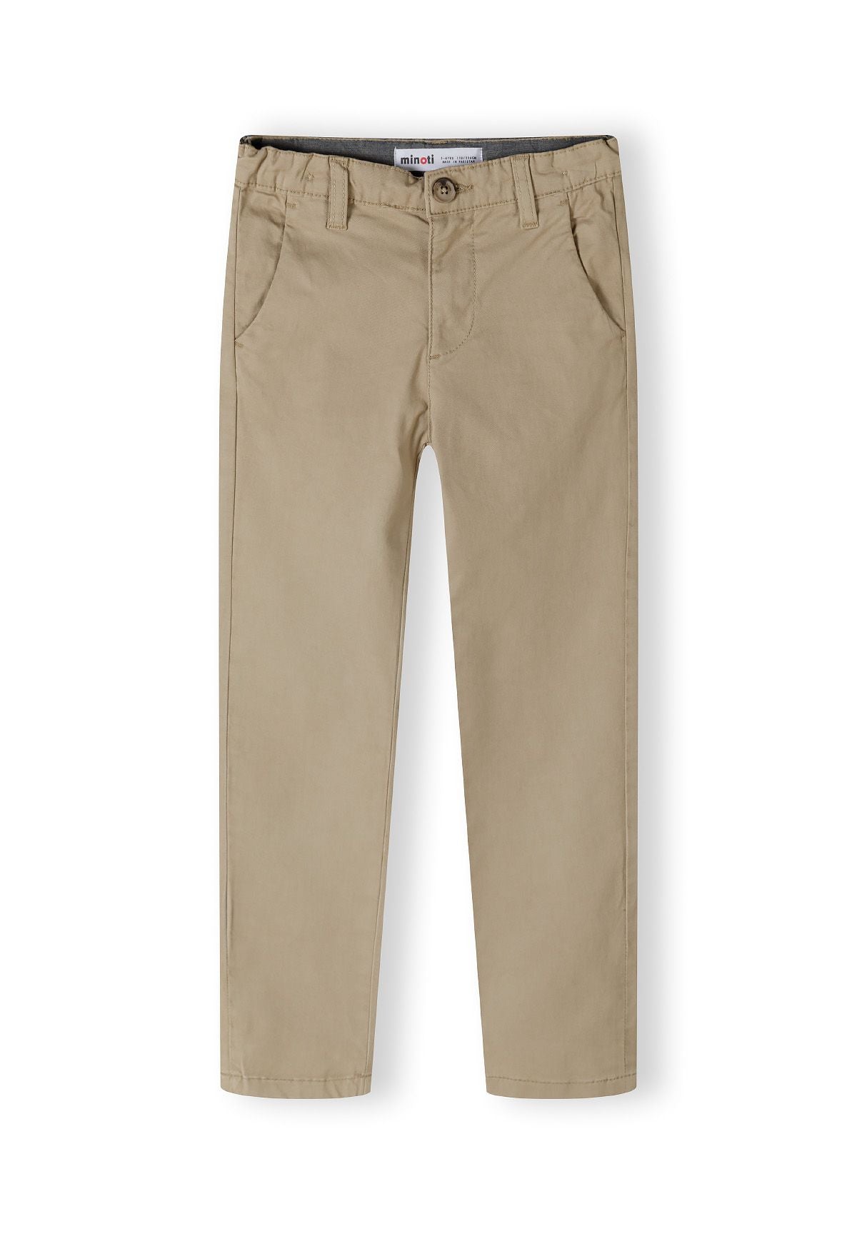 Boys chino trousers in grey, front view with adjustable waistband and side pockets.