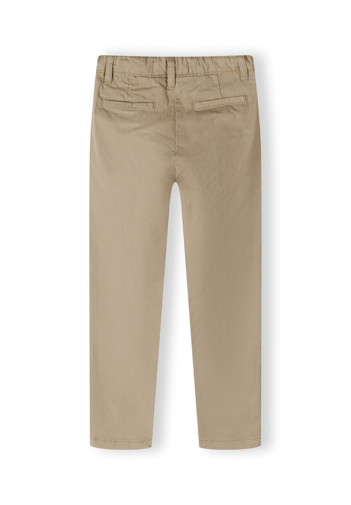 Boys chino trousers in beige, back view with adjustable waistband and two back pockets.