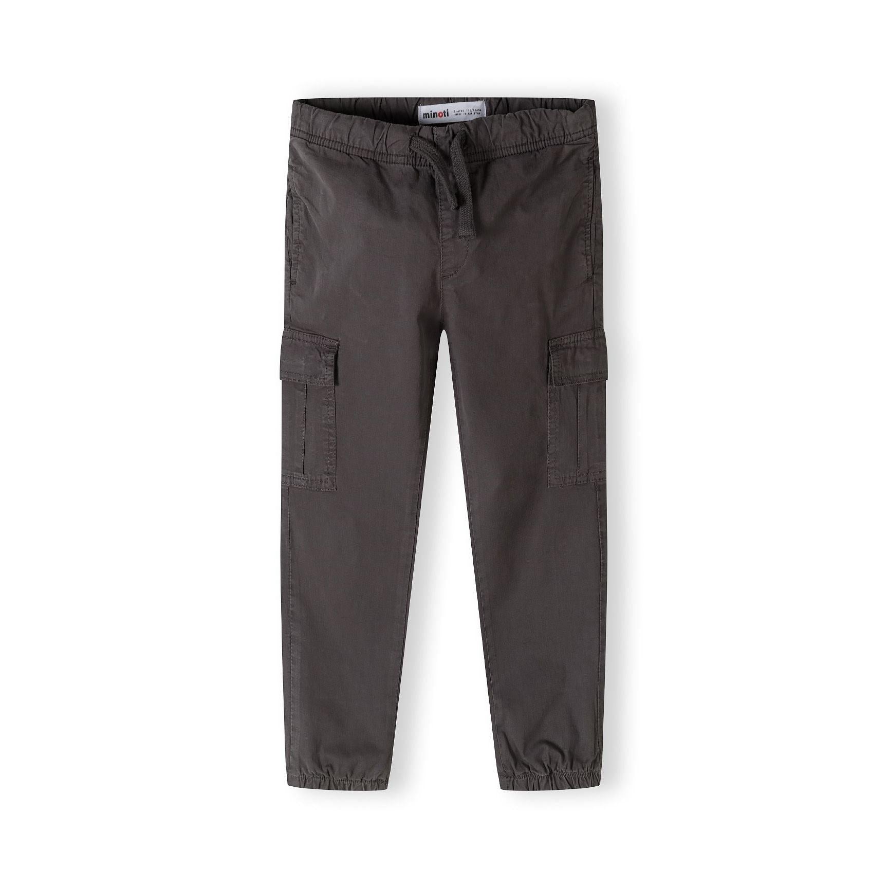 Back view of grey cargo trousers showing elasticated waistband, cargo pockets and tapered leg design