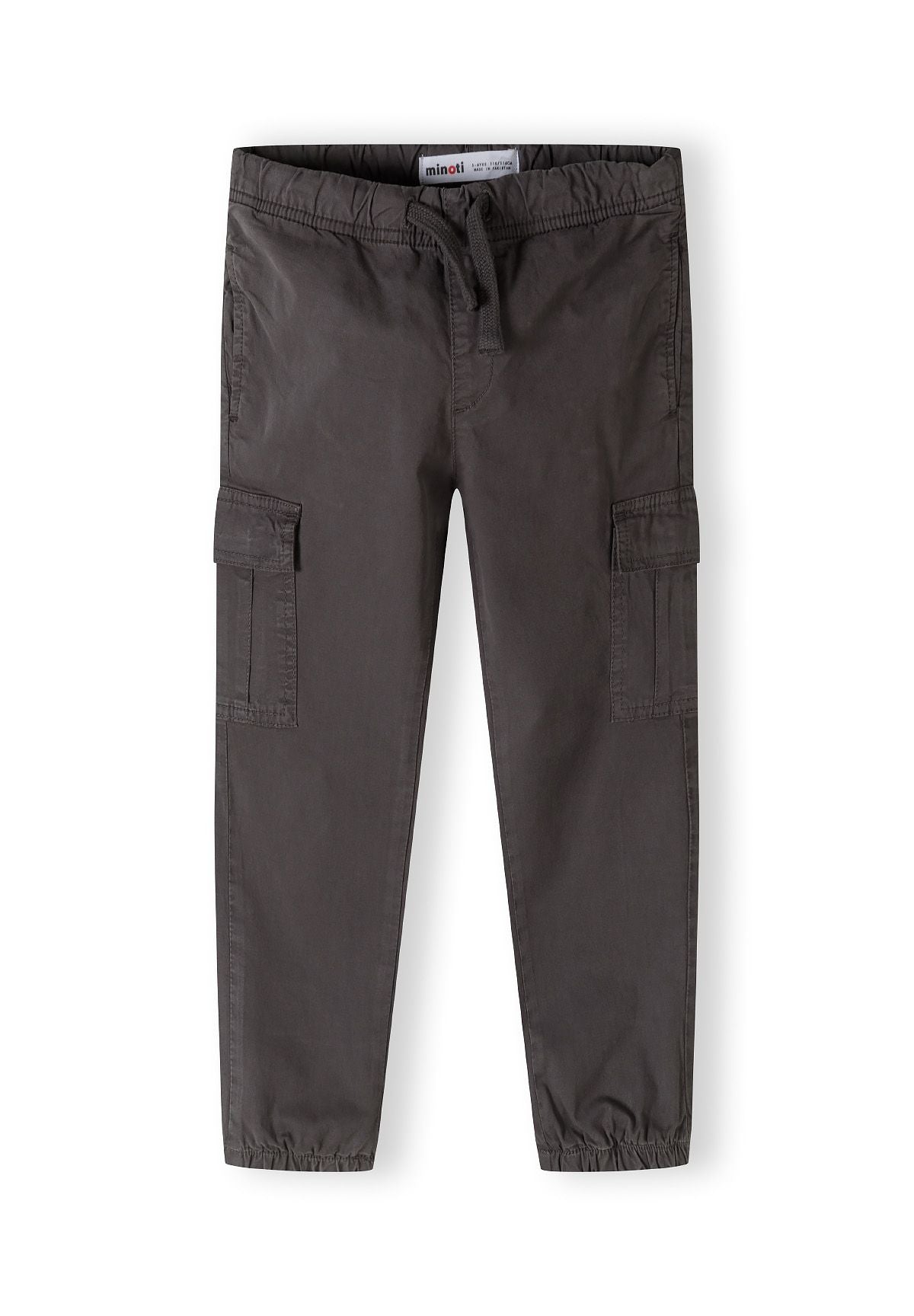 Dark grey cargo trousers, trousers front.