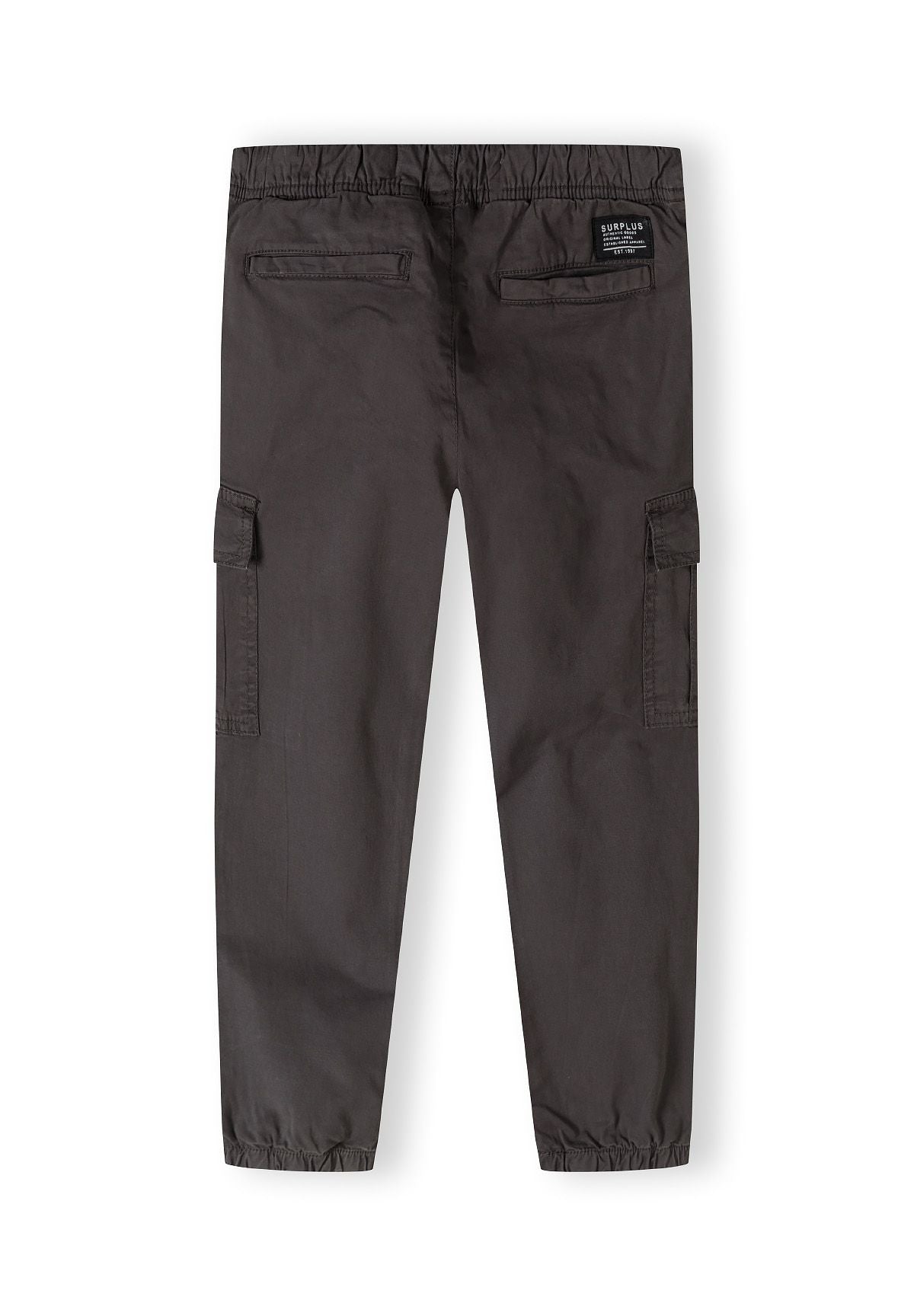 Boys grey woven cargo trousers, back view, featuring elastic waistband and side pockets.