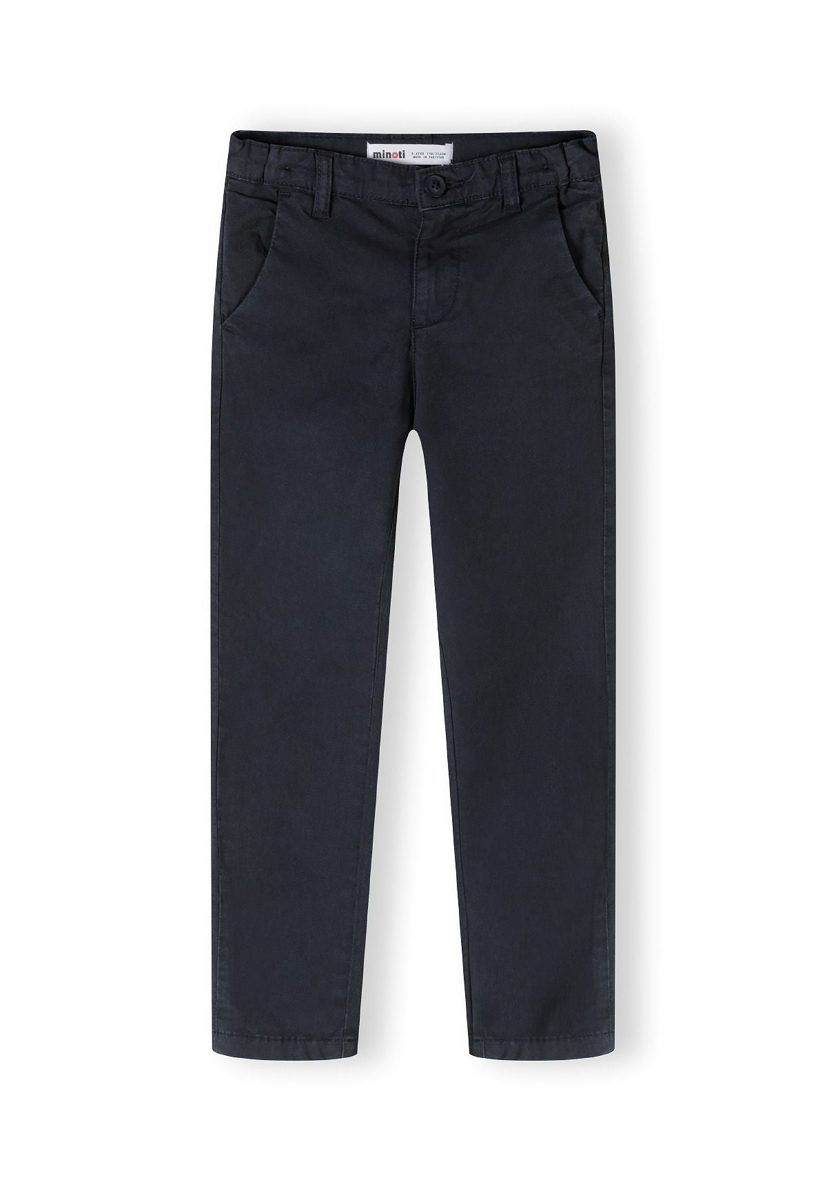Boys chino trousers in navy, front view with adjustable waistband and side pockets.