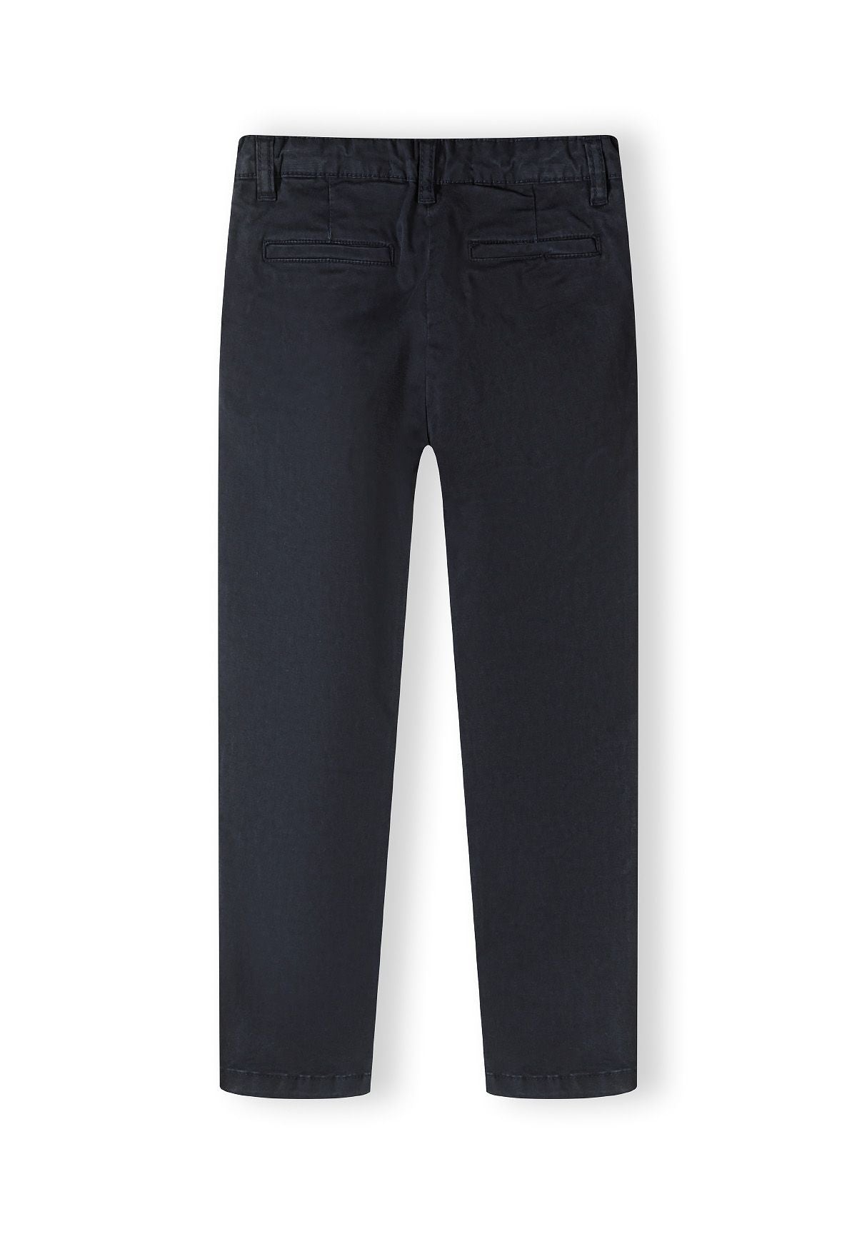 Boys chino trousers in navy, back view with adjustable inner waistband and two back pockets.