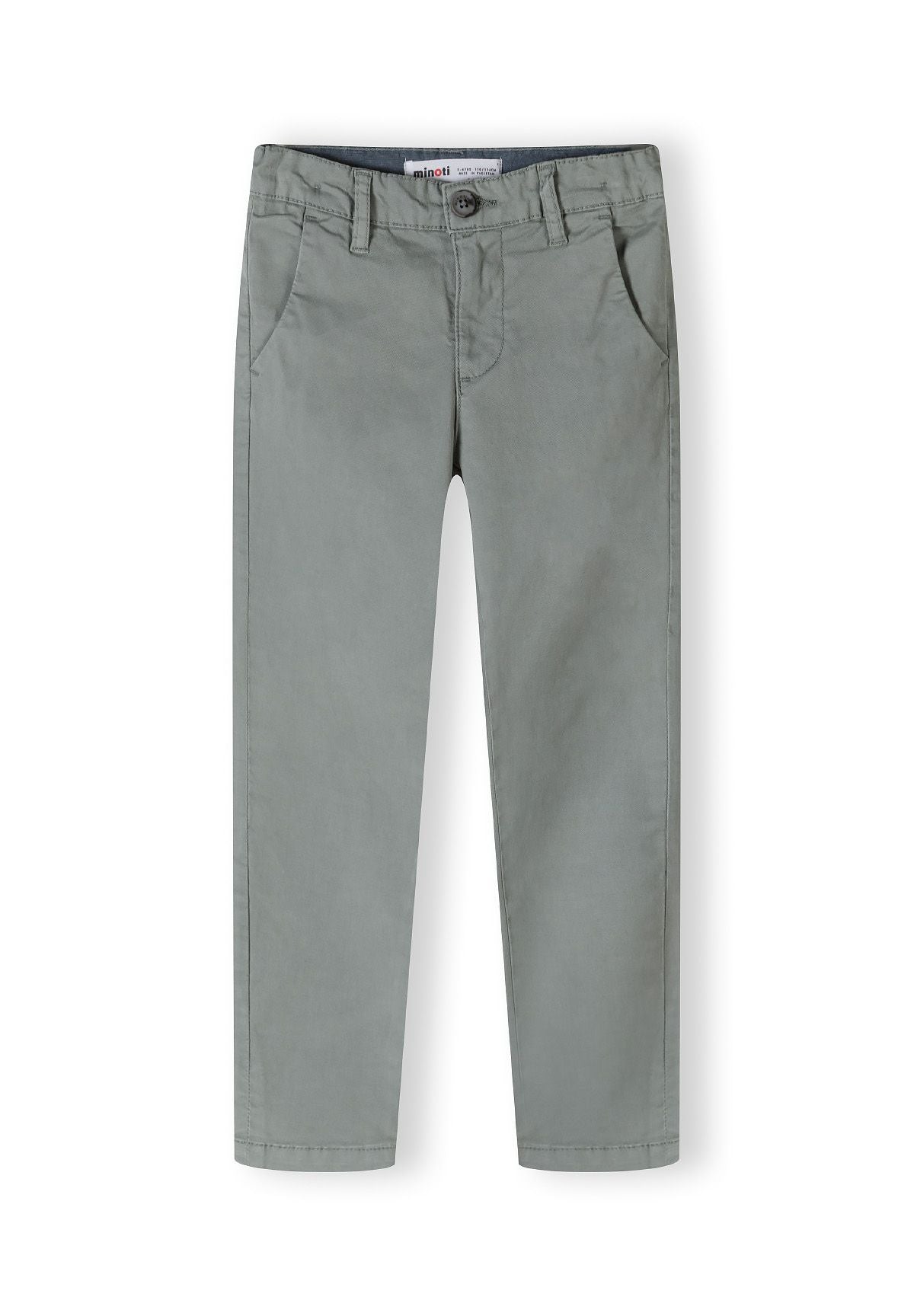 Boys chino trousers in grey, front view with adjustable inner waistband.