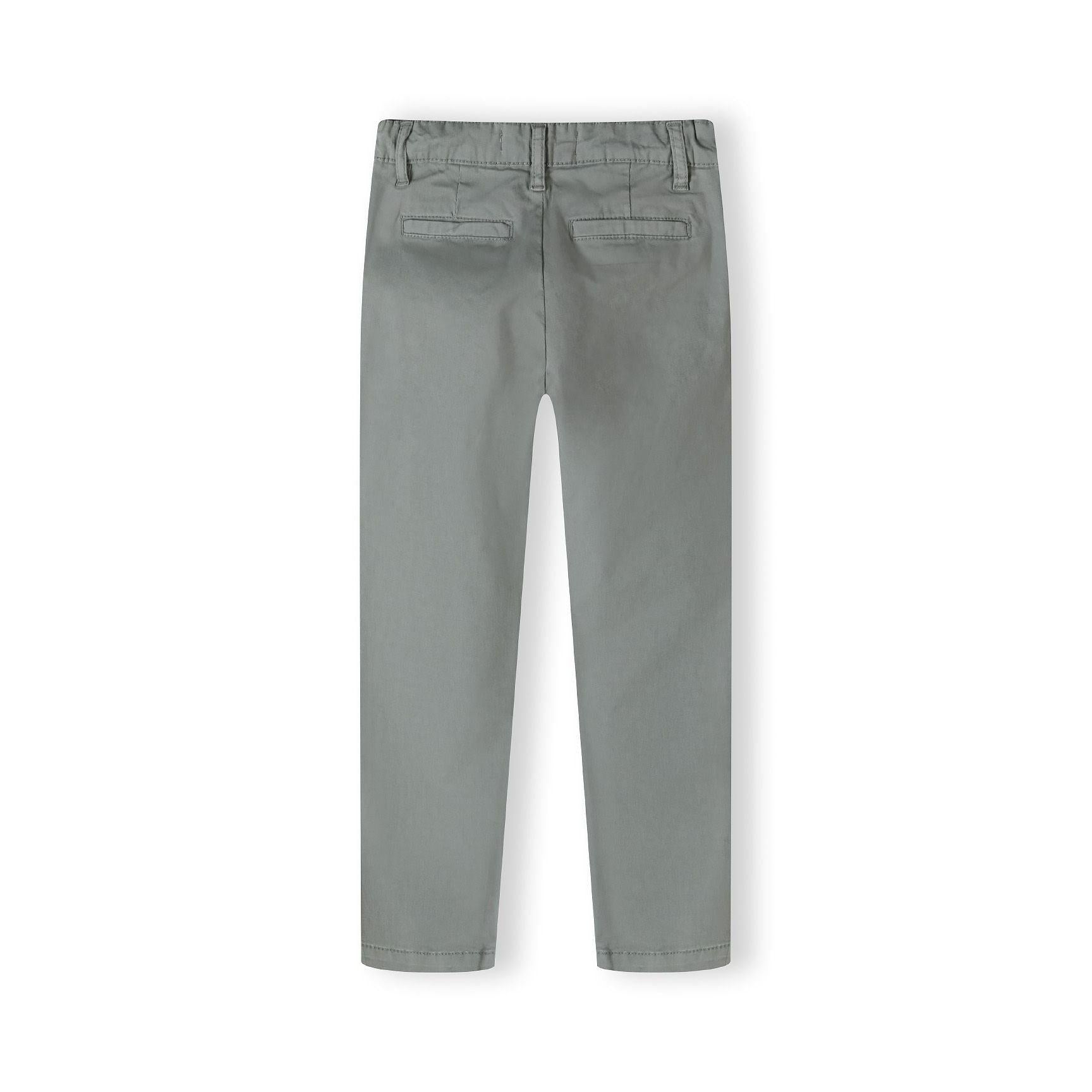 Flat lay view of grey chino trousers showing back design with belt loops and rear pockets on white background