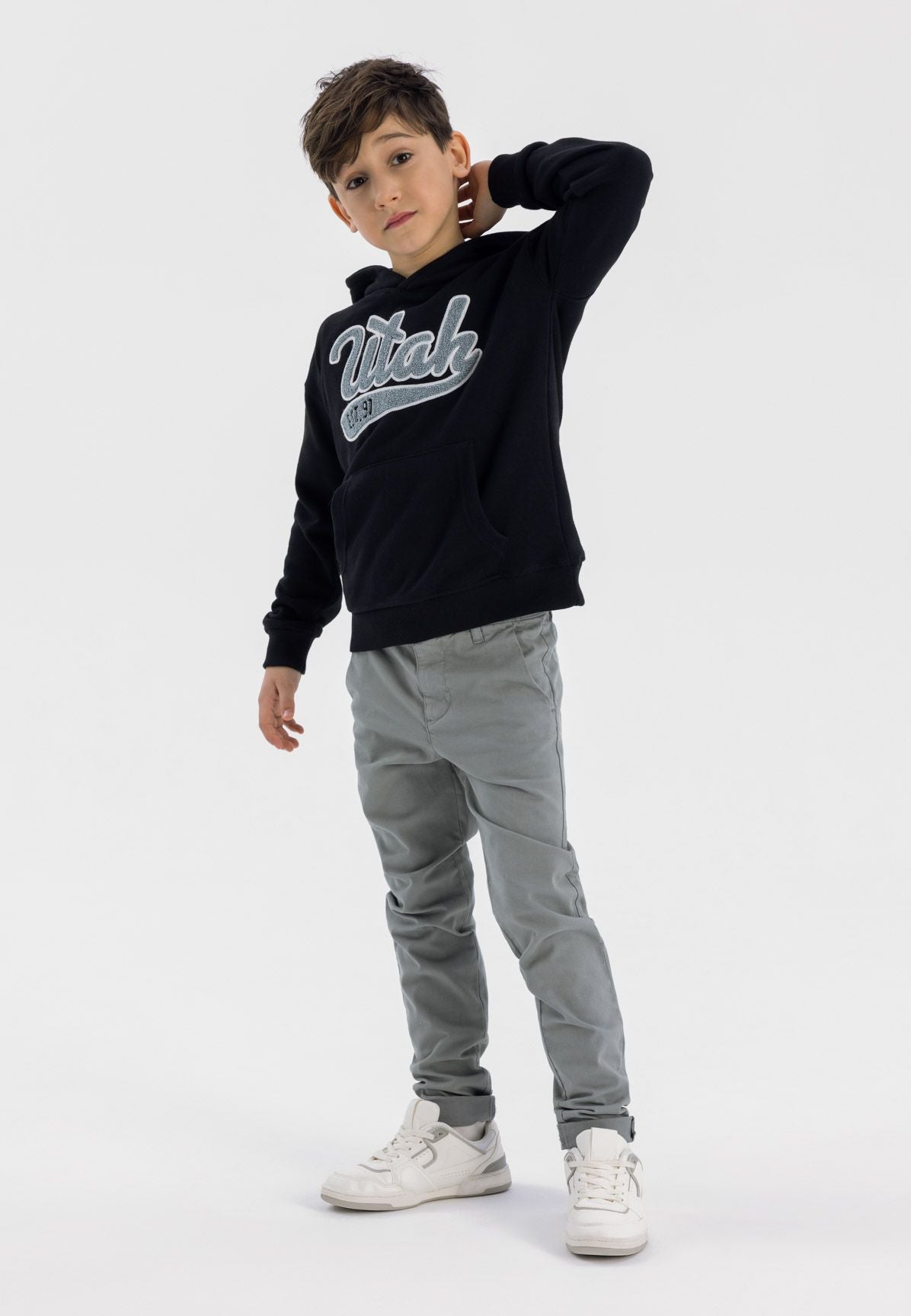 Boys grey chino trousers, front view, adjustable inner waistband.