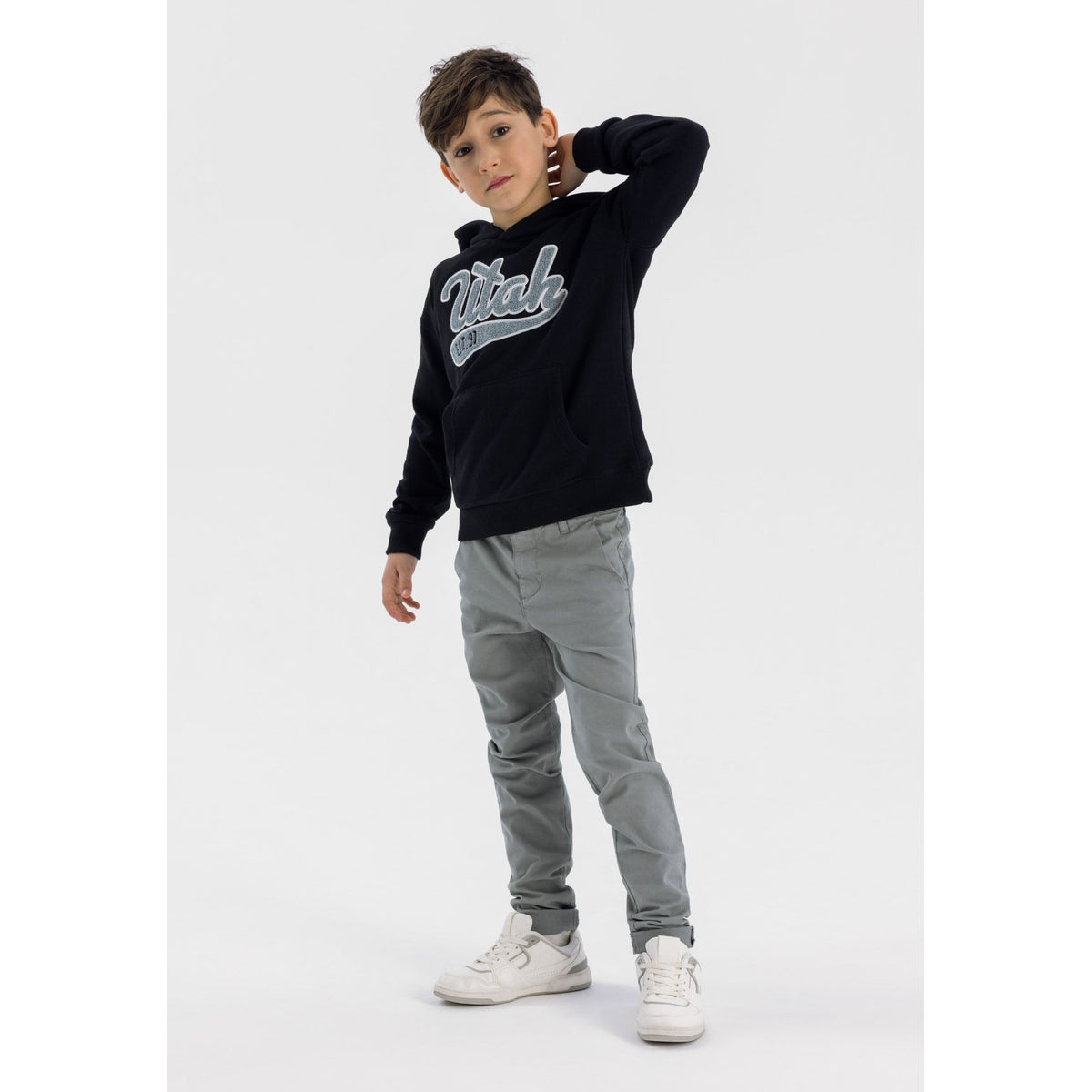 Boys' chinos in grey — complete product view for square Shop card