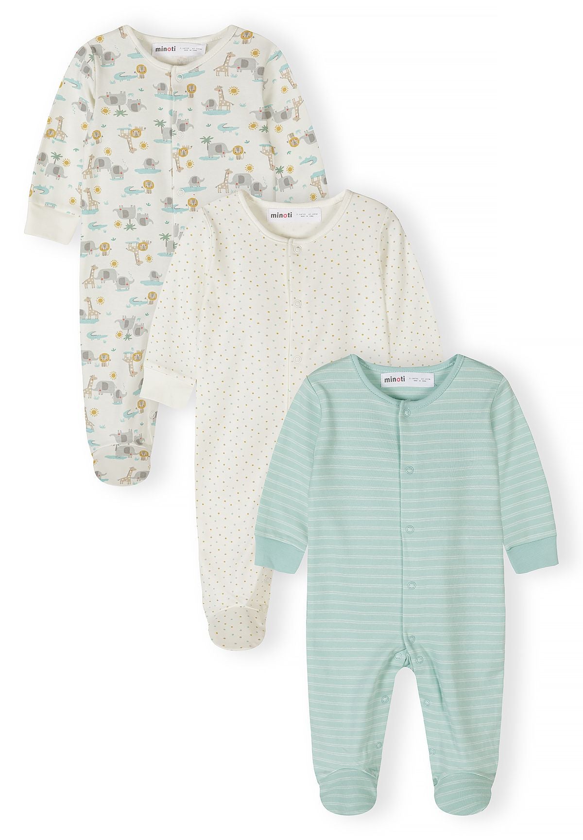 Cotton Sleepsuits 3-Pack, Safari, Cream Mint - 1