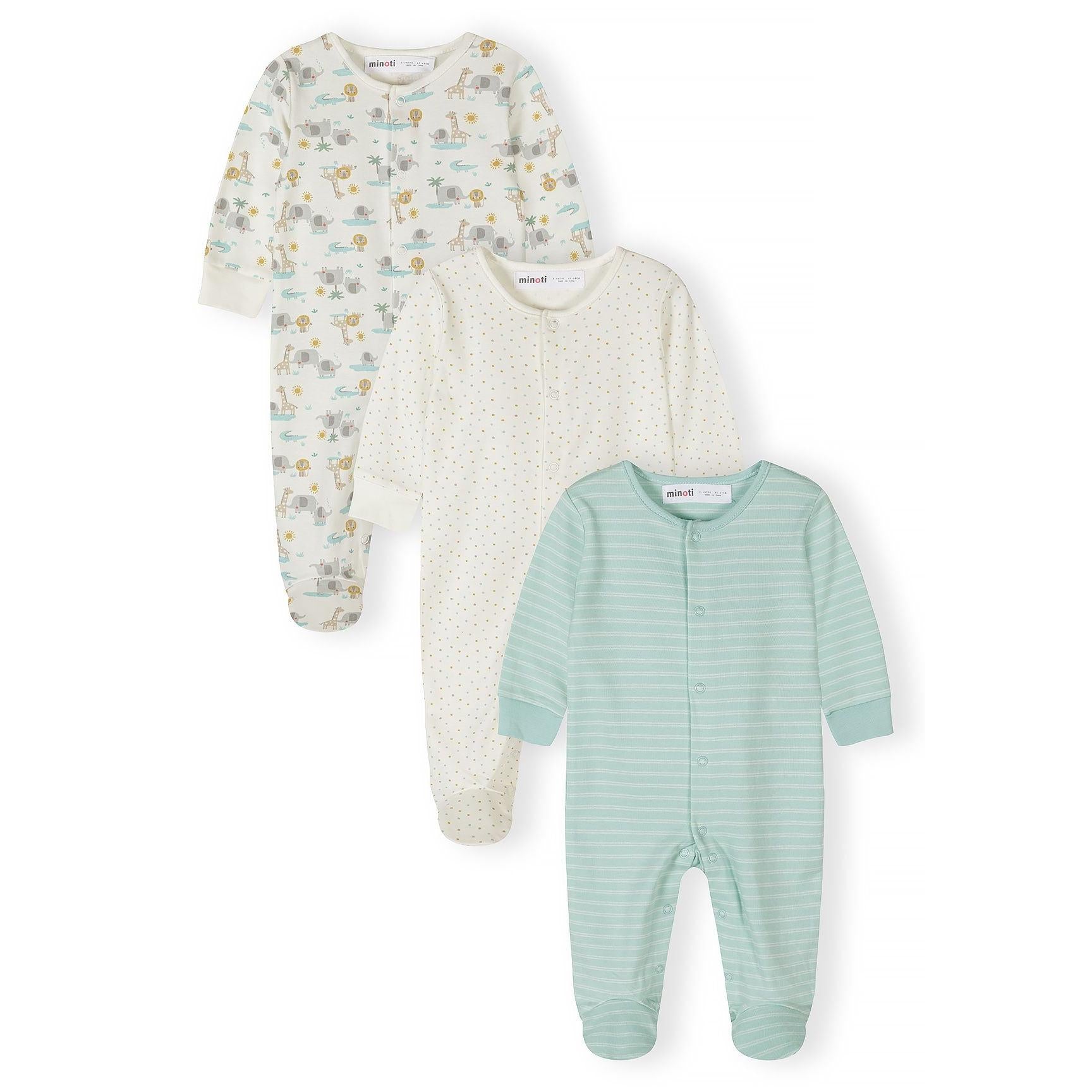 Three Minoti cotton baby sleepsuits laid flat showing safari animal print in cream, white polka dot design, and mint green striped pattern
