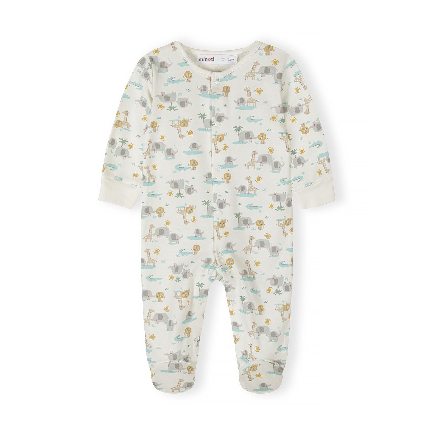 Single mint green striped cotton baby sleepsuit with snap button closure and enclosed feet, displayed on white background