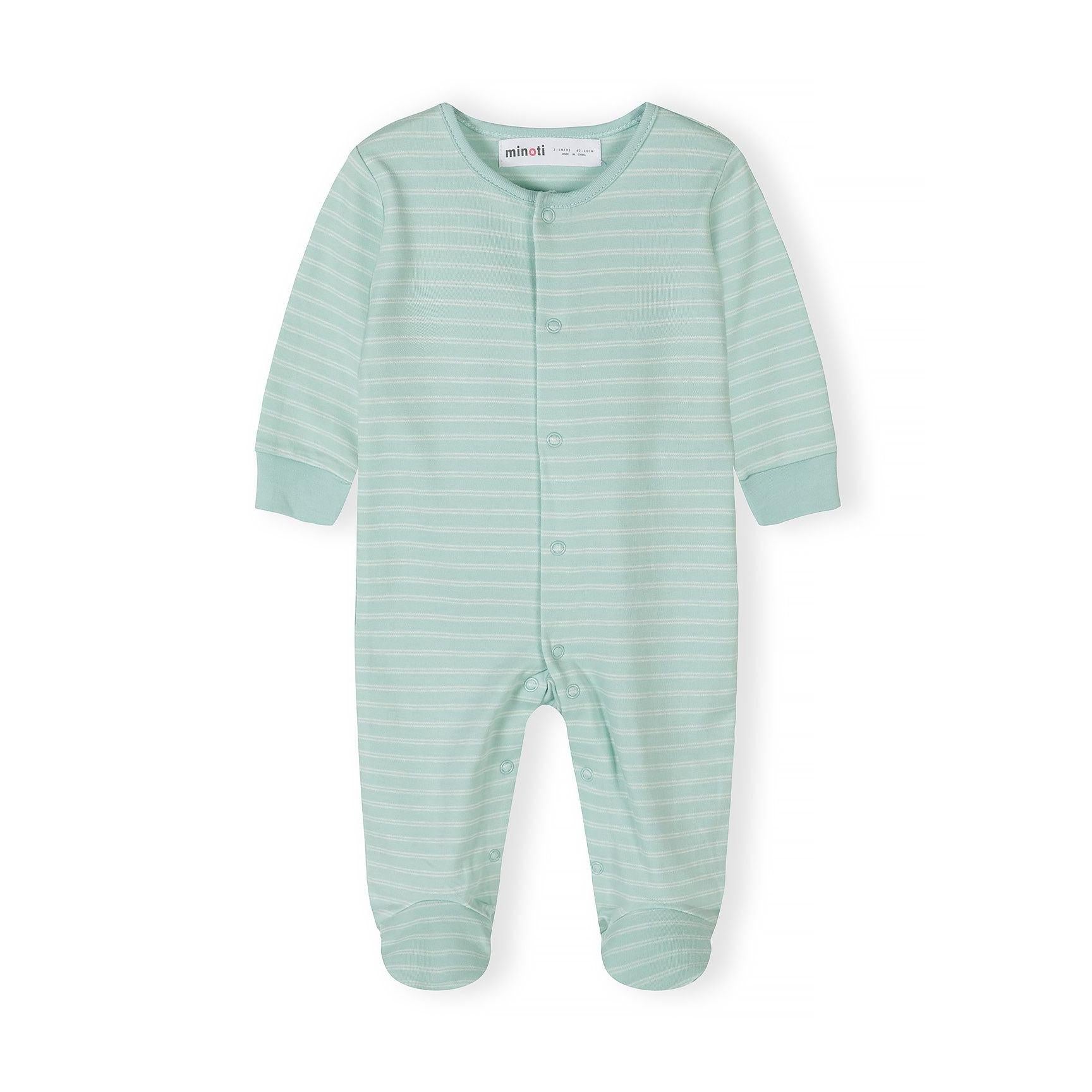 Single mint green striped cotton baby sleepsuit with snap button closure and enclosed feet, displayed on white background
