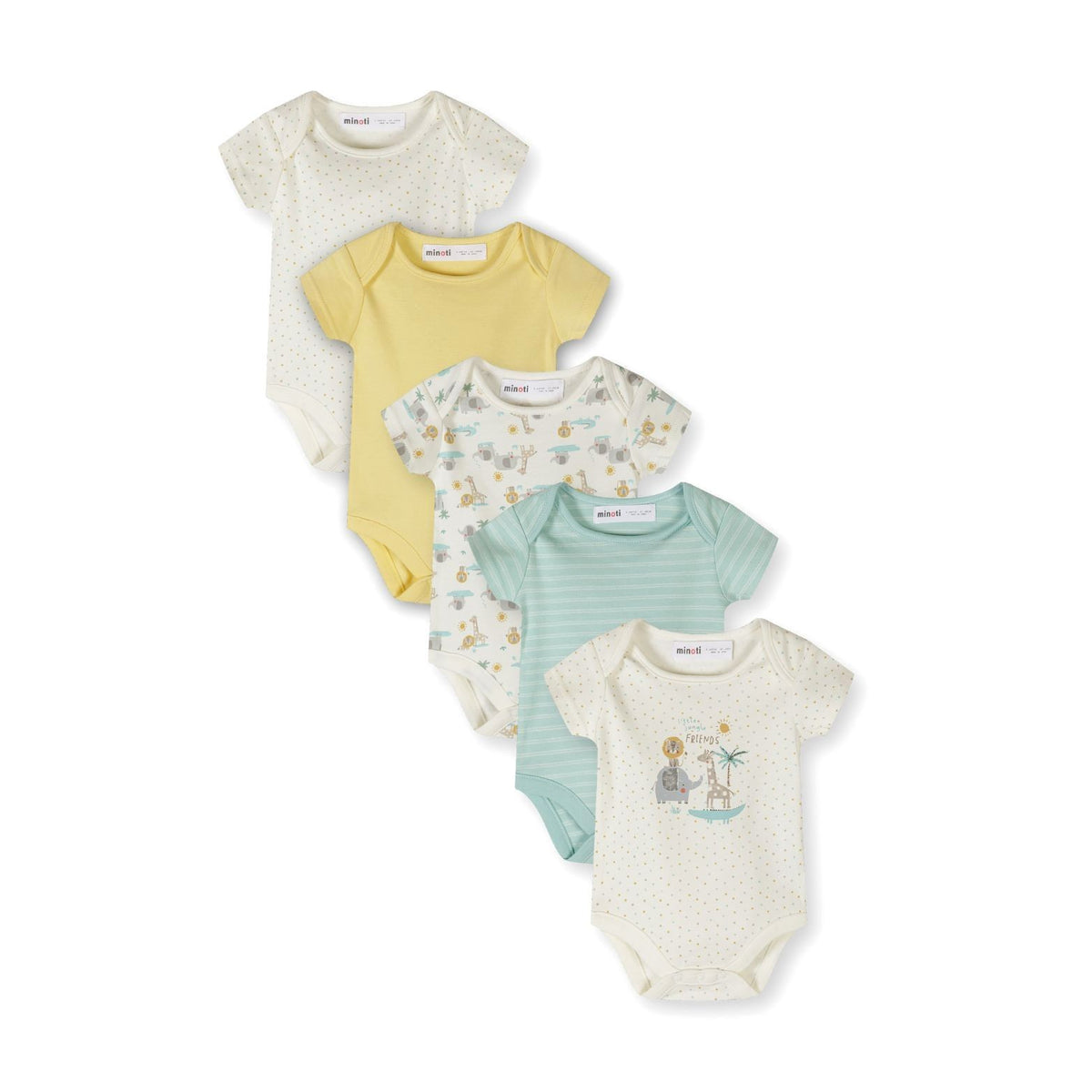 Baby short-sleeved bodysuits 5-pack in cream, mint and yellow — complete product view for square Shop card