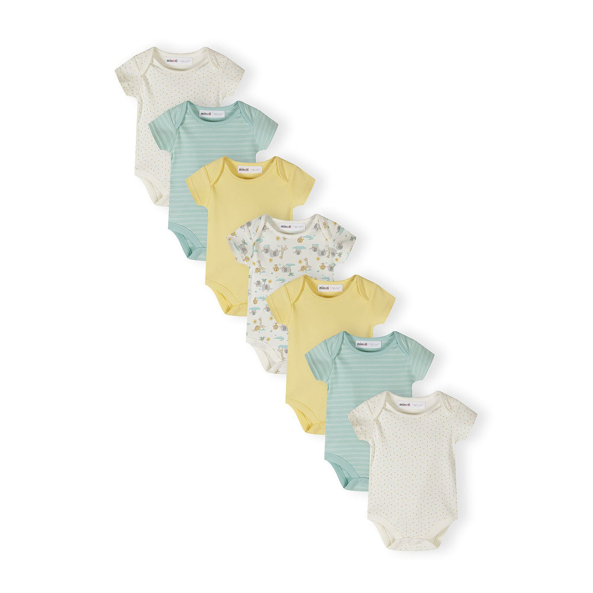 Baby short-sleeved bodysuits 7-pack in cream, mint and yellow — complete product view for square Shop card