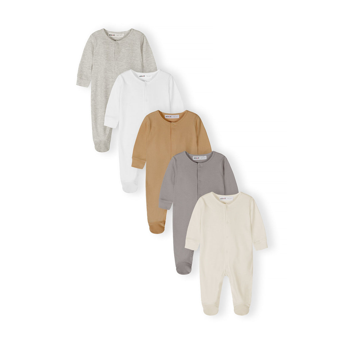 Baby sleepsuits 5-pack in grey marl, white, tan, grey and cream — complete product view for square Shop card