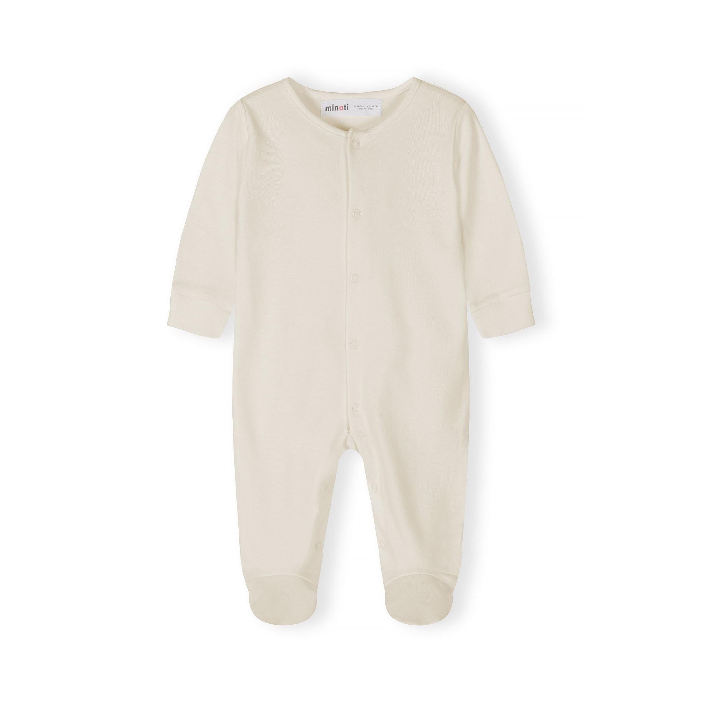 Single white long sleeve baby sleepsuit with Minoti label visible, showing front popper closure and enclosed feet design on white background