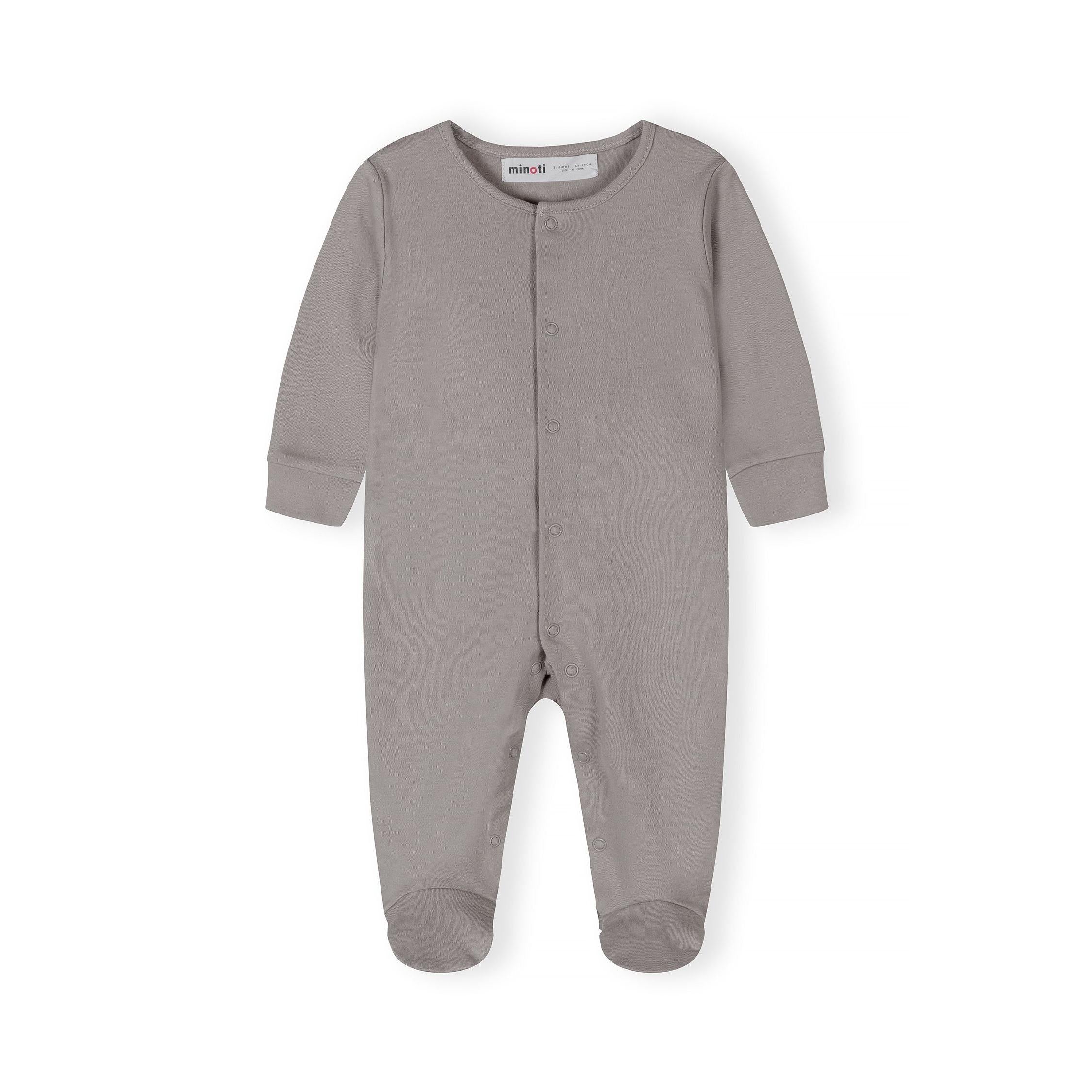 Close-up detail of grey marl sleepsuit showing Minoti size label and front popper buttons with soft cotton jersey texture