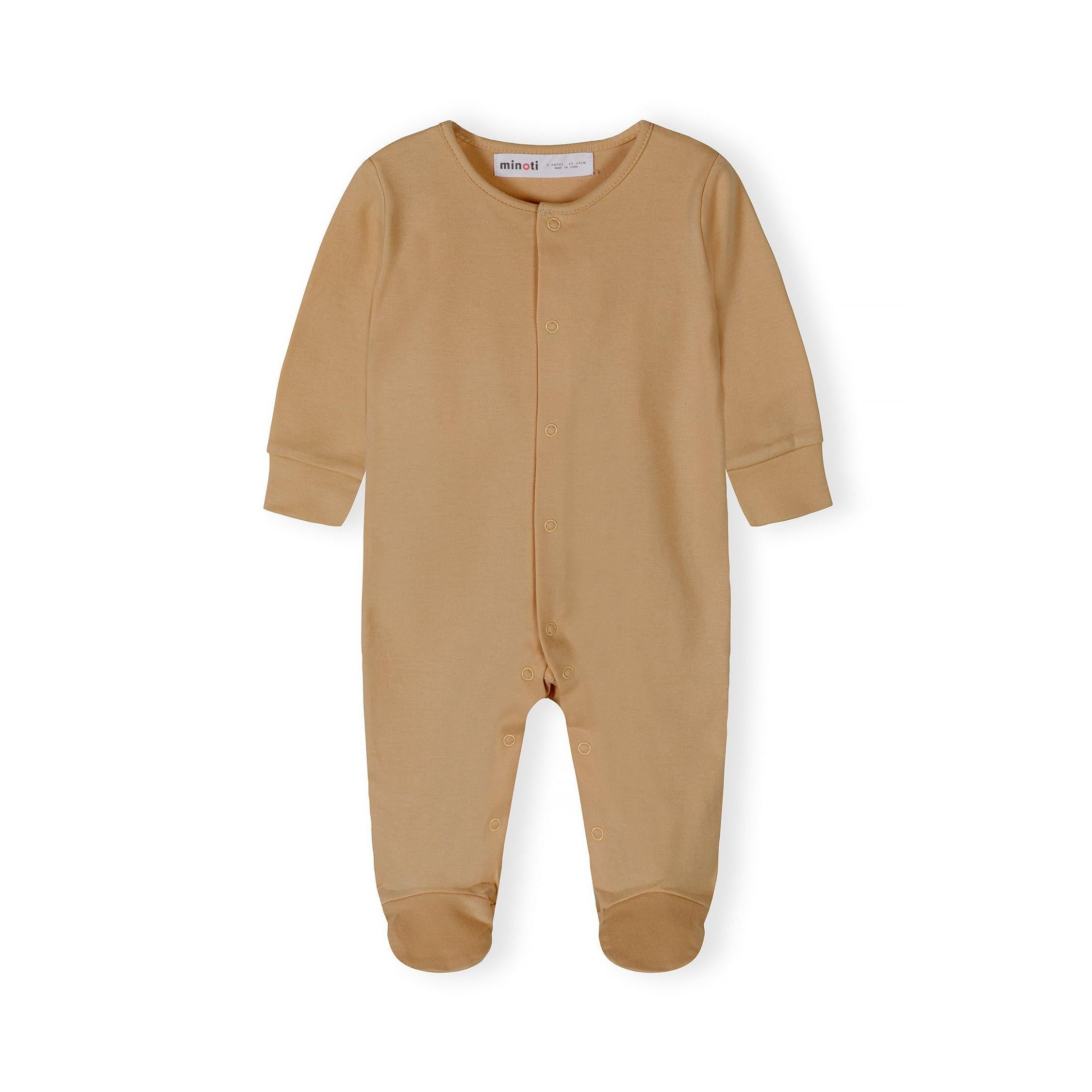 Close-up detail of grey marl sleepsuit showing Minoti size label and front popper buttons with soft cotton jersey texture