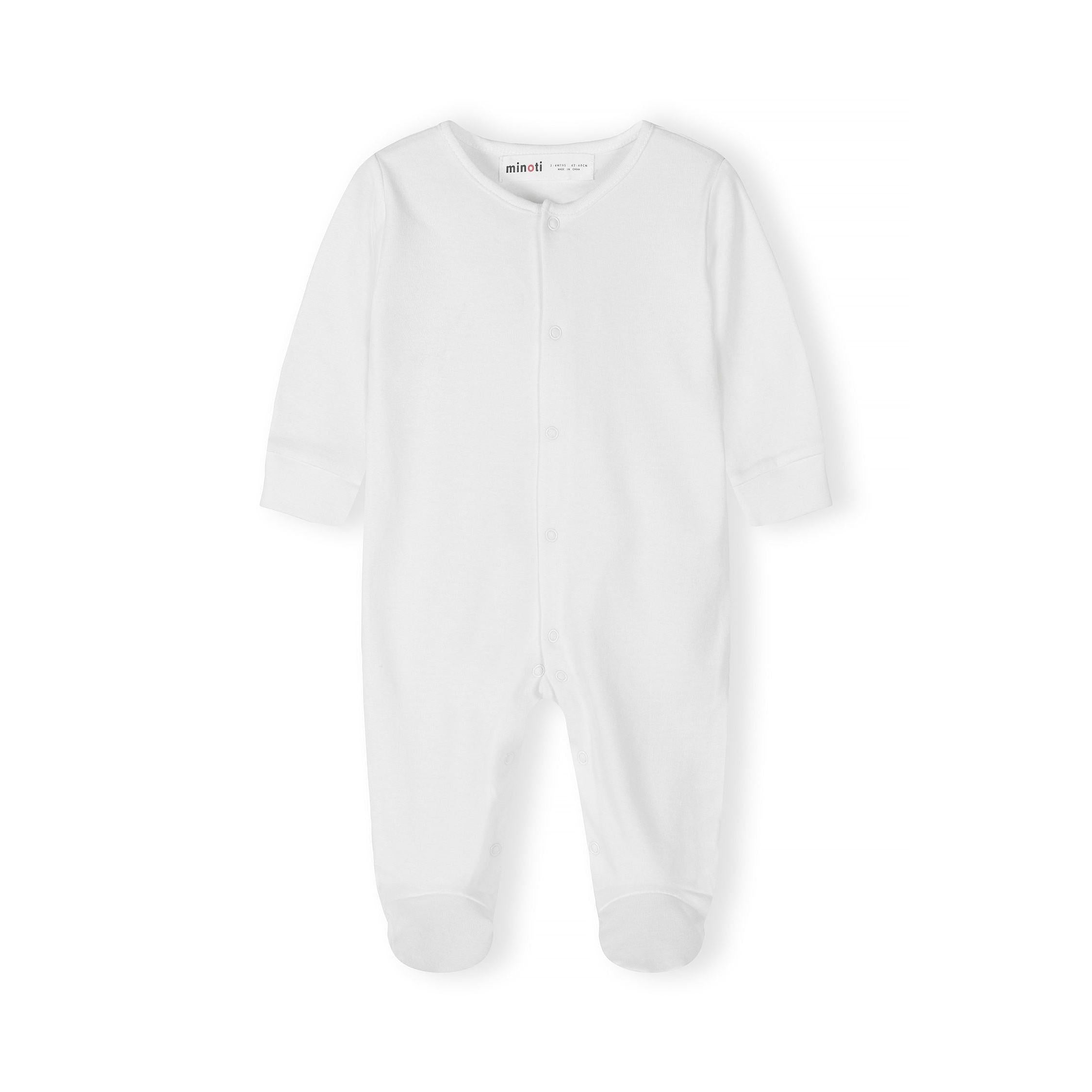 Single white long sleeve baby sleepsuit with Minoti label visible, showing front popper closure and enclosed feet design on white background