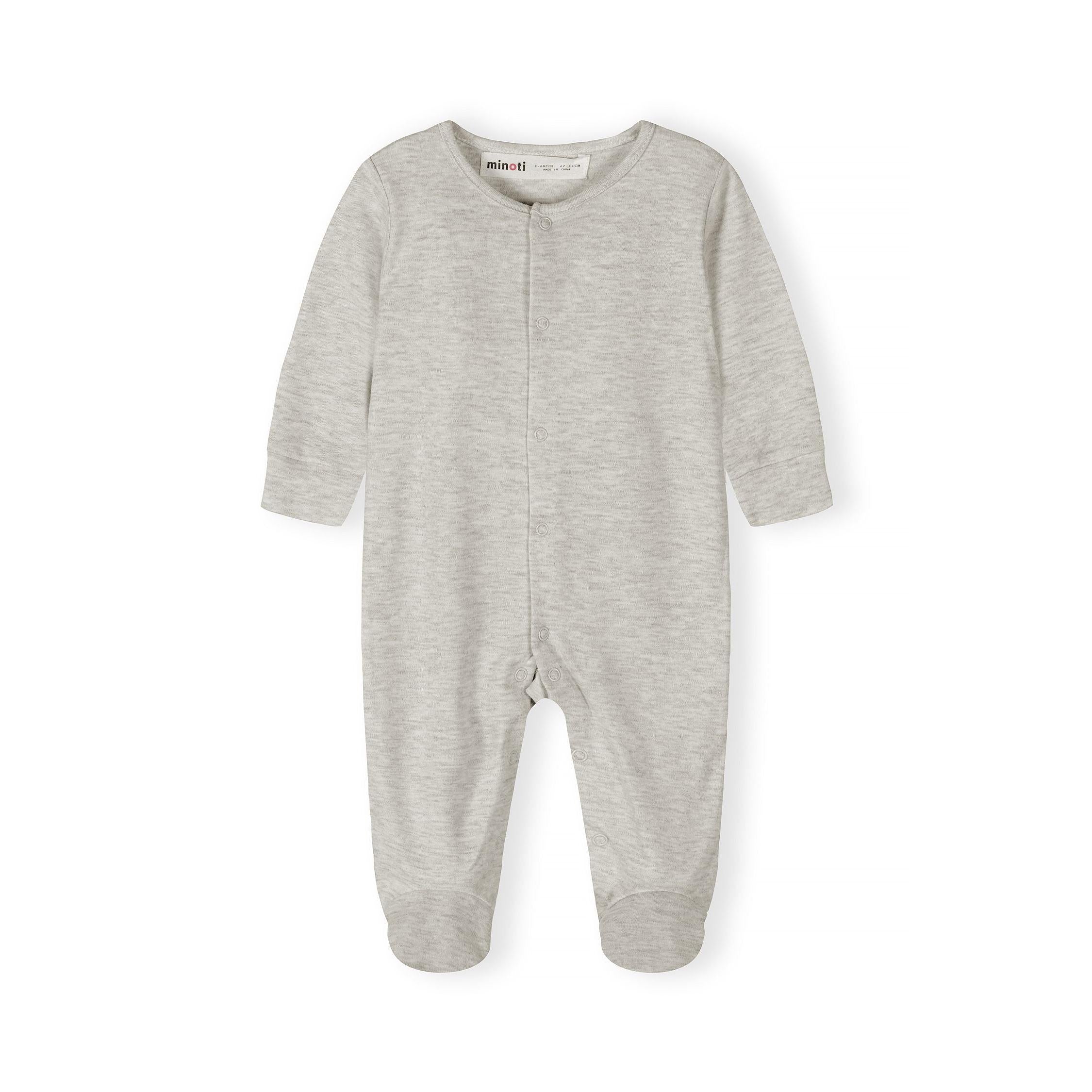 Close-up detail of grey marl sleepsuit showing Minoti size label and front popper buttons with soft cotton jersey texture