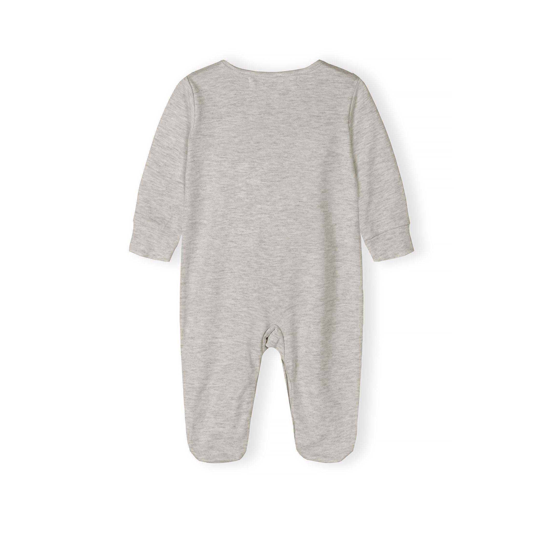 Close-up detail of grey marl sleepsuit showing Minoti size label and front popper buttons with soft cotton jersey texture