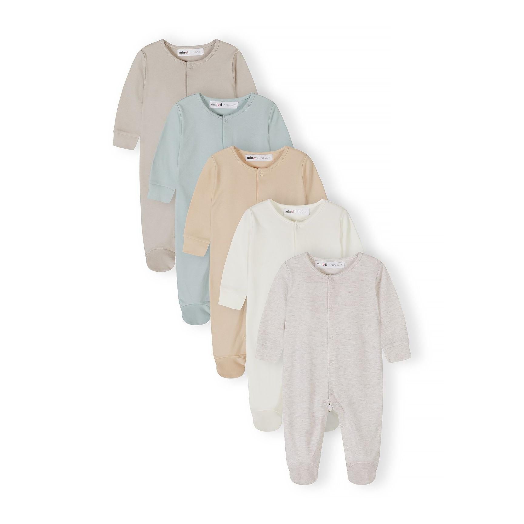 Five baby sleepsuits arranged in a fan layout showing different neutral beige and sage green tones with snap button fronts and footed design on white background