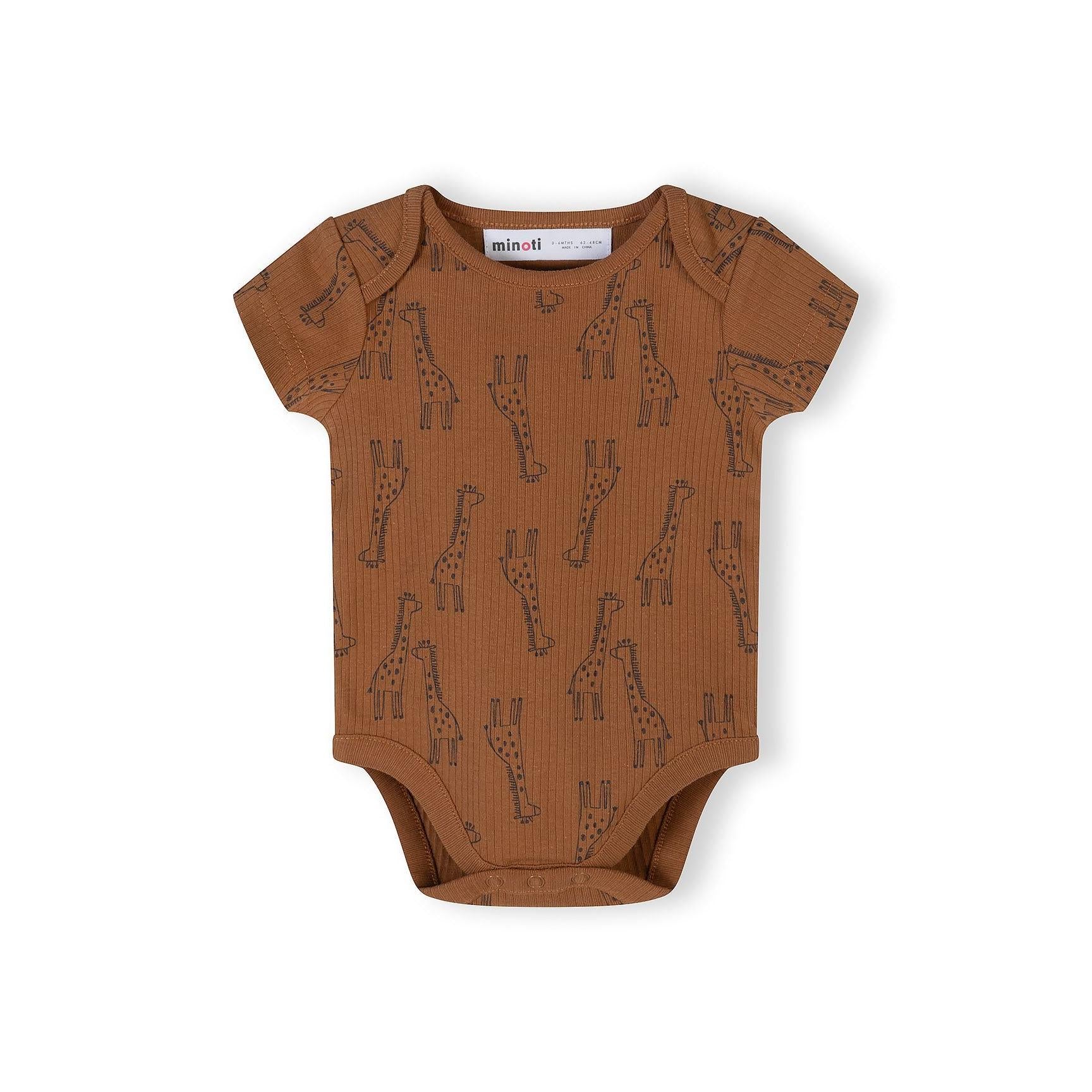 Detail view of beige ribbed bodysuit showing giraffe illustration with 'HELLO' text and fabric texture on white background