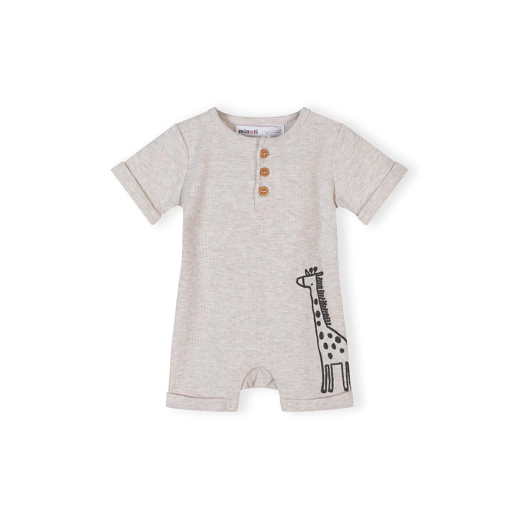 Single grey ribbed romper with black giraffe print and orange button fastening displayed against white background